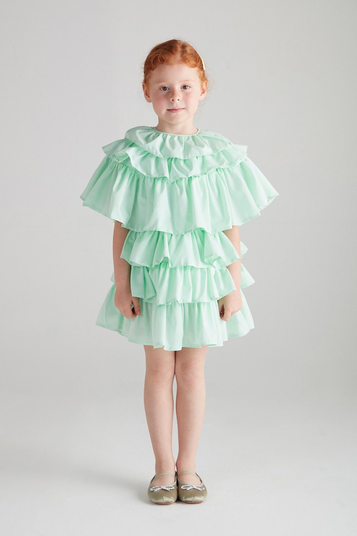 hoQuspoQus Çocuk Fırfırlı Elbise - Su Yeşili