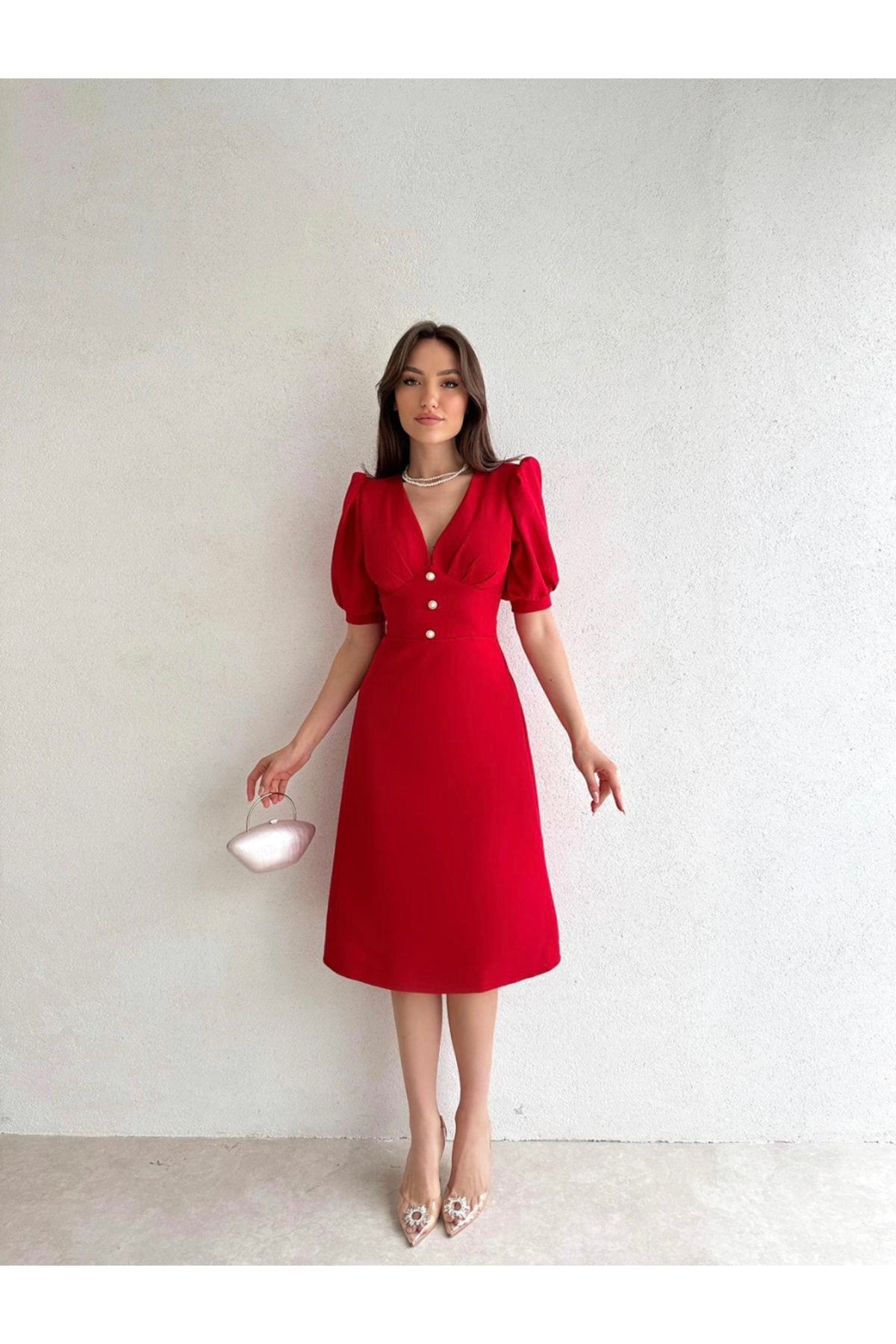 Afiş Butik Kırmızı İnci Düğme Detaylı Yarım Kol Midi Elbise