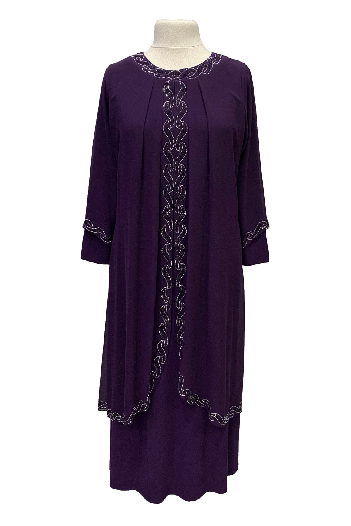 Giyinen Mağazaları Mürdüm Saadet Şık Taş Işlemeli Büyük Beden Anne Abiye Elbise