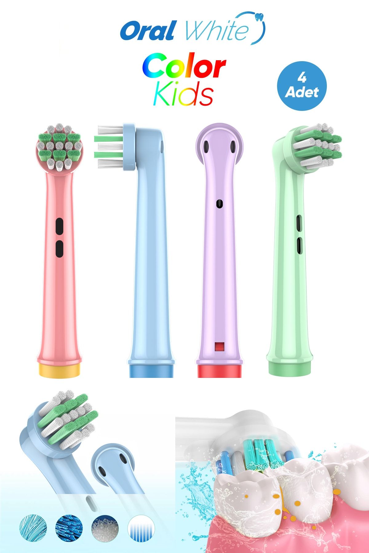 Oral White Color Kids Çocuk Diş Fırçası Yedek başlığı Hassas Ve Yumuşak Oral-b Uyumlu 4 Adet