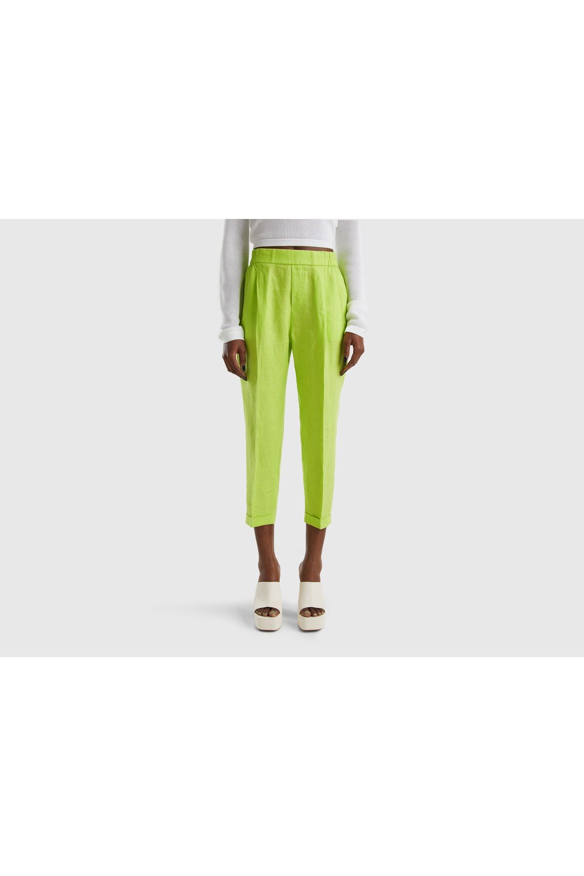 United Colors of Benetton Kadın Açık Yeşil Beli Lastikli Keten Pantolon Lime Rengi