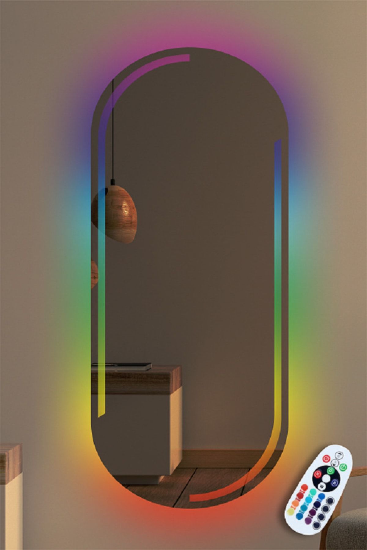 KaraçamDekor Lazer Kumlamalı Rgb Ledli Kumandalı Oval Boy Aynası