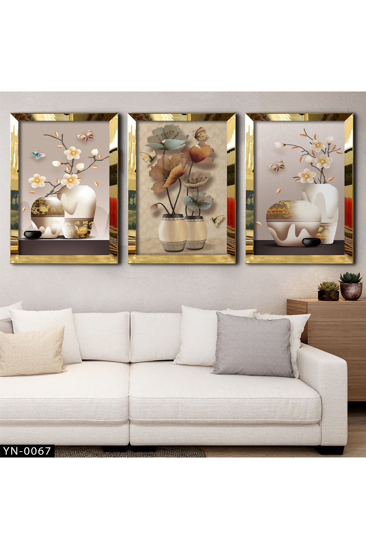 hanhomeart Üç Boyutlu Güller - Gold Ayna Çerçeveli Tablo 3 Parça Set