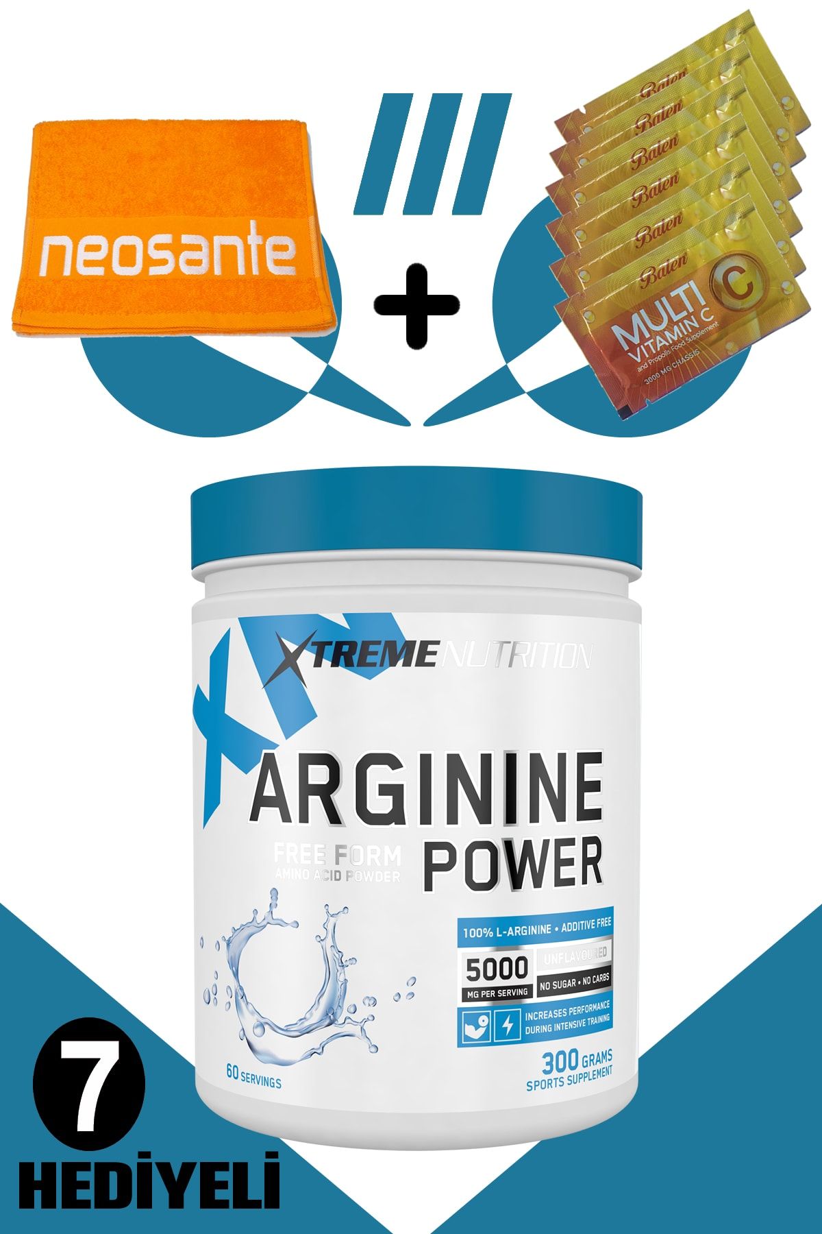Xtreme Nutrition Xtreme Arginine 300 gr (Aromasız) Saf Arjinin + 7 Hediyeli (Havlu + 6 Adet Multi C Saşe)