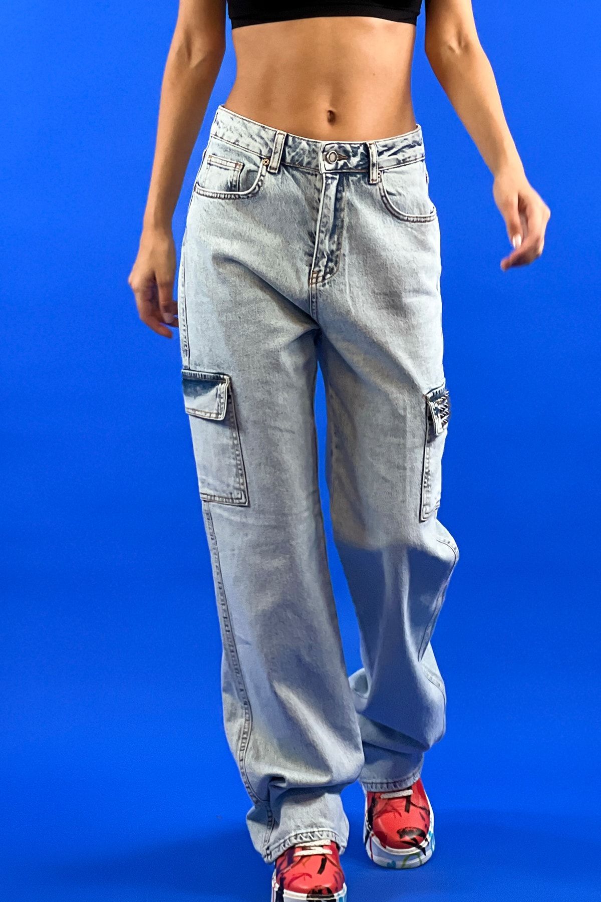 Miss Poem Mavi Yüksek Bel Relax Kot Piramid Çakım Kargo Model Cepli Jeans Pantolon 100% Cotton