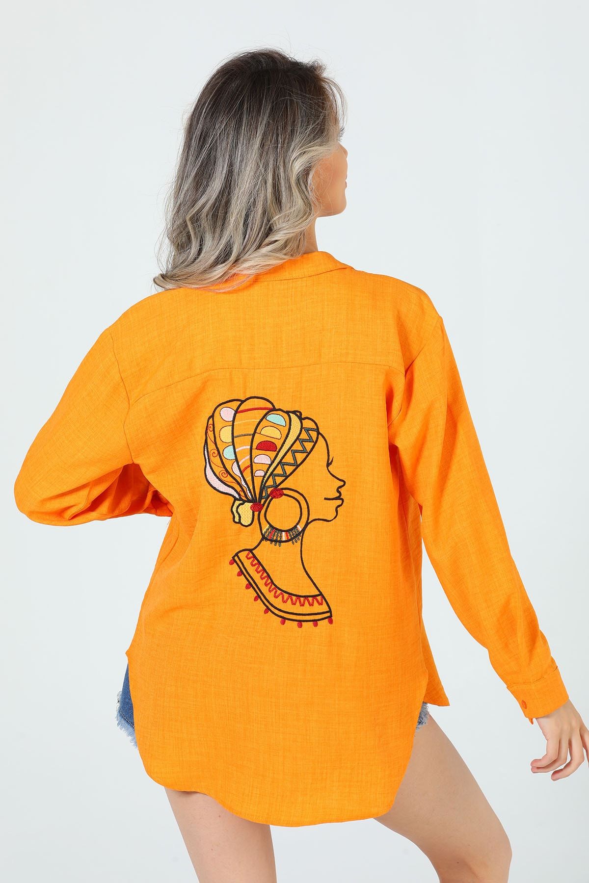 GÜLSELİ Orange Kadın Nakış Detaylı Salaş Gömlek