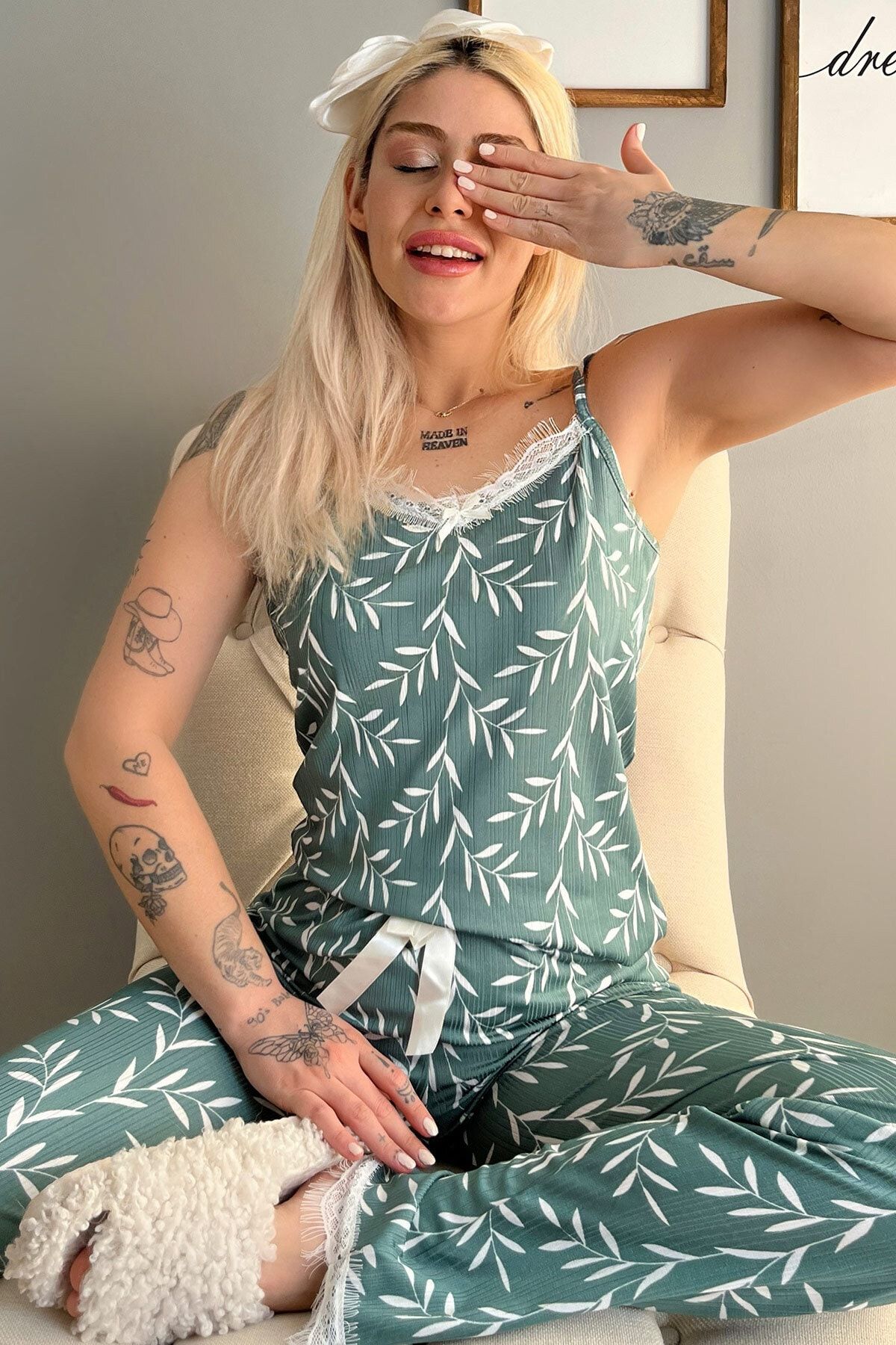 Pijamaevi Yeşil Zeytin Dalı Dantelli Ip Askılı Örme Kadın Pijama Takımı
