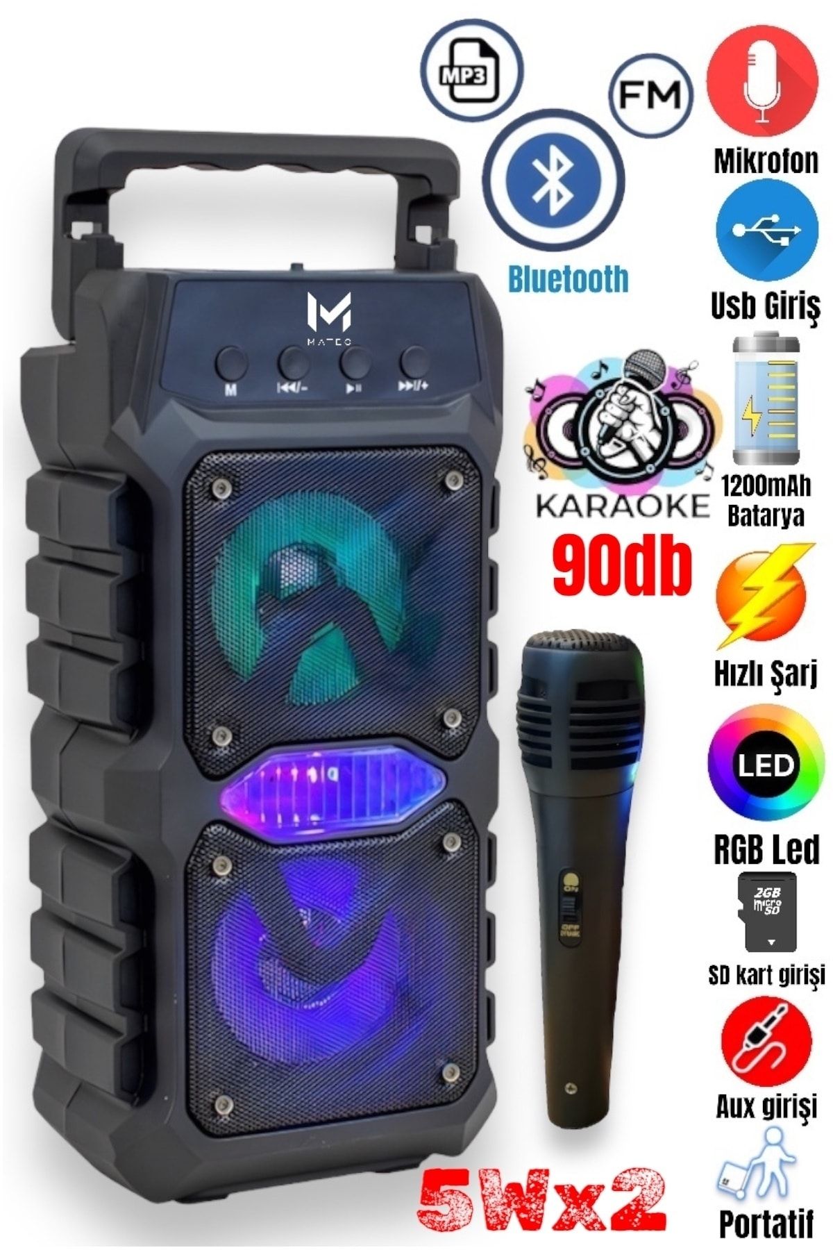 MATEO Bluetooth Hoparlör Karaoke Parti hoparlörü Mikrofonlu, led Rgb Işıklı, Ses Bombası Usb Sd girişli