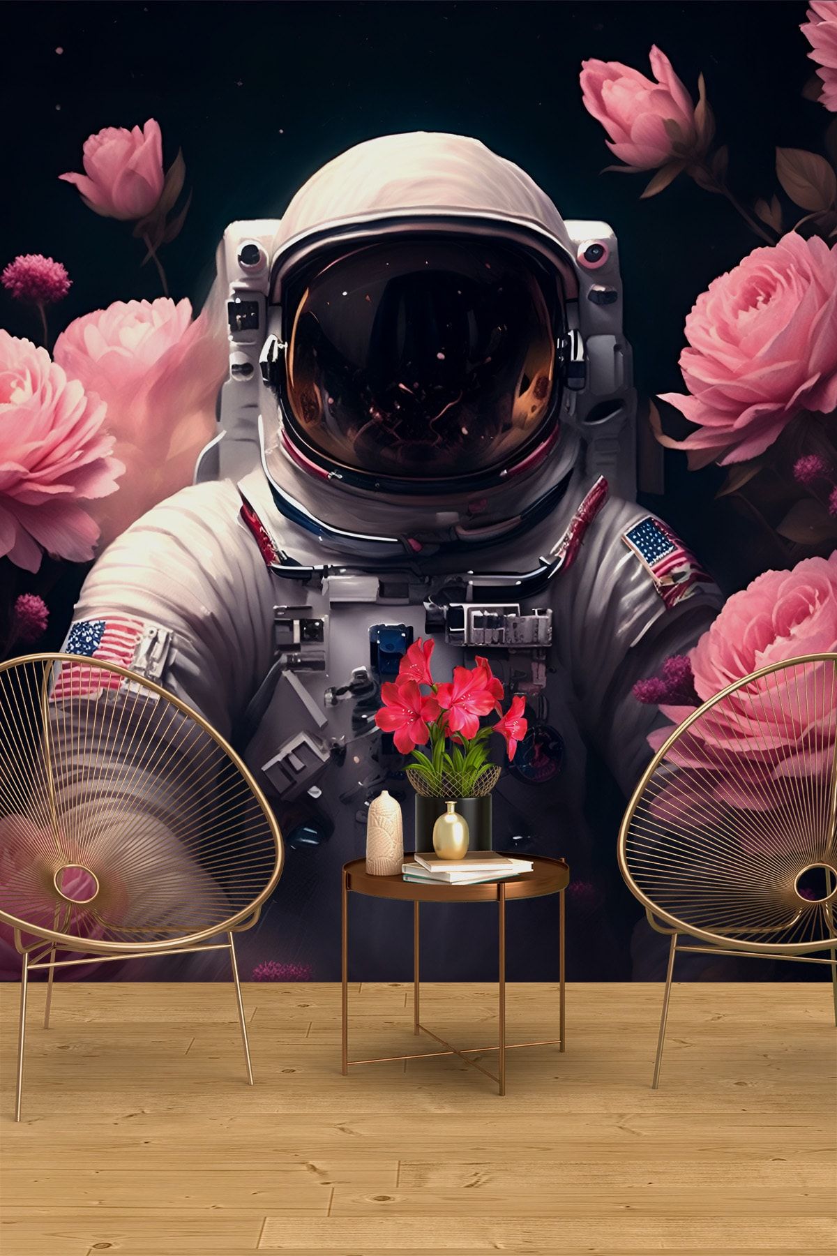 Dekoros Astronot Ve Pembe Çiçekler 3d Duvar Kağıdı, Tek Parça Ve Kolay Montaj Uzay Manzarası Duvar Dekoru