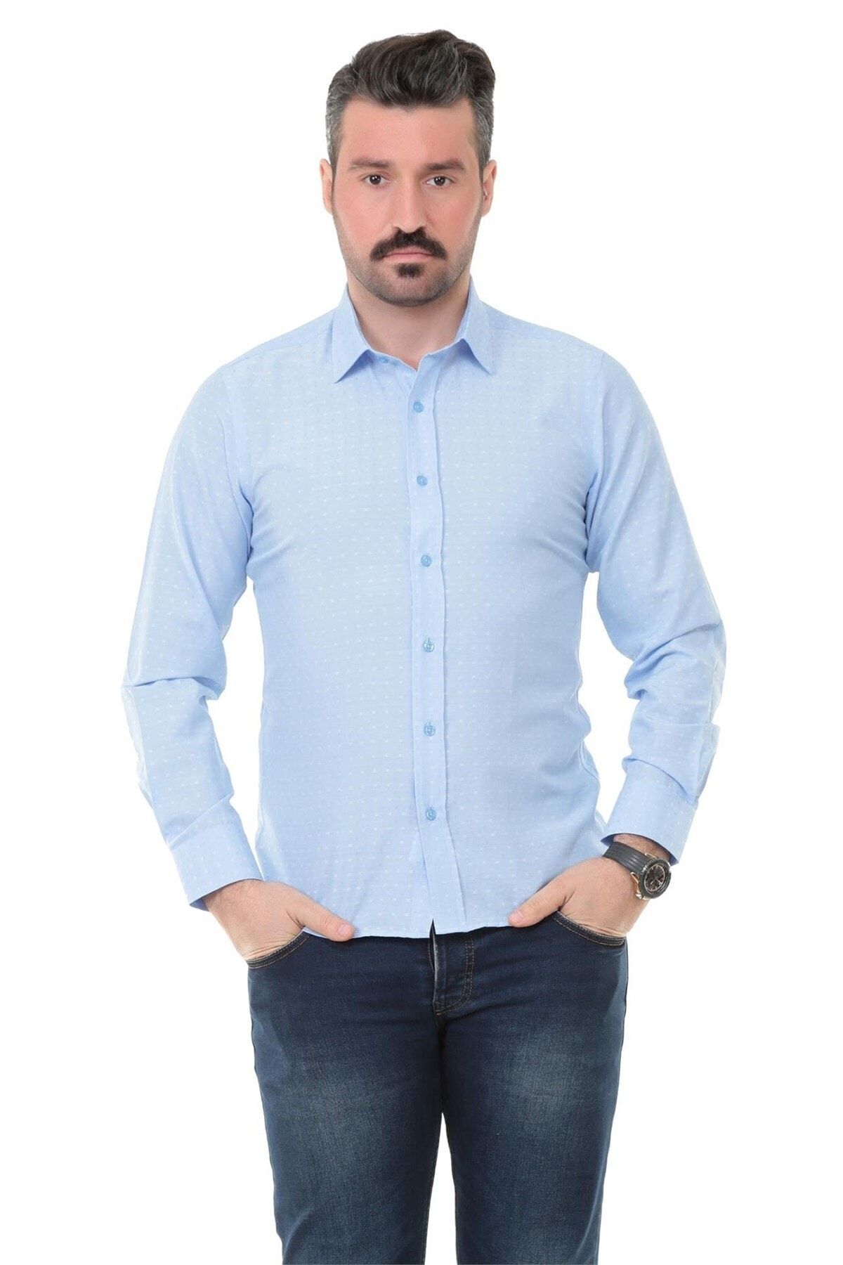 Buenza Erkek Açık Mavi Sry  Slim Fit Uzun Kol Gömlek 41110