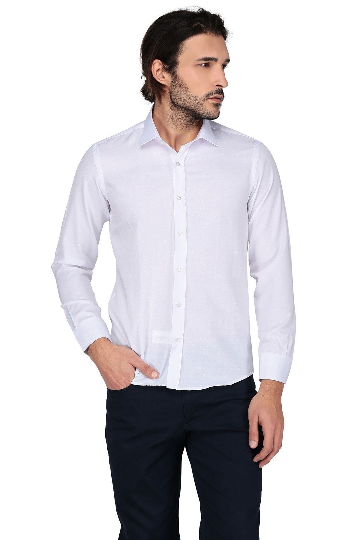 Buenza Erkek Beyaz Uzun Kol Slim Fit Gomlek