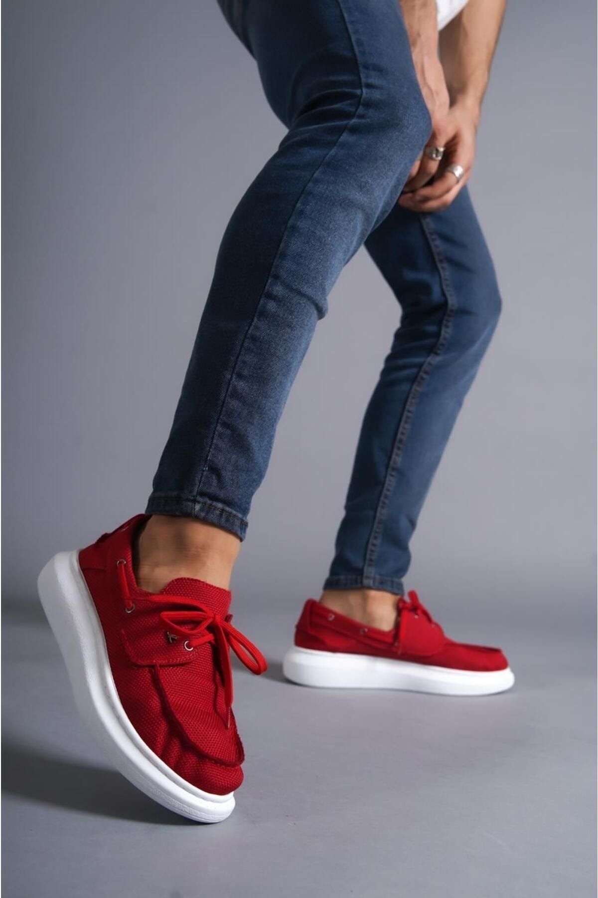 Paolo Zaccardi P009 Bağcıklı Yüksek/Kalın Ortopedik Taban Keten Erkek Sneaker Klasik Ayakkabı BT Kırmızı