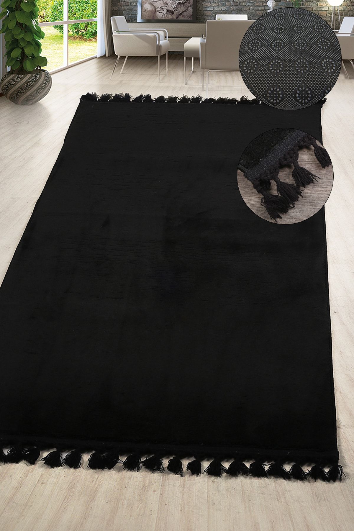 Teksev Relax Siyah Ponpon Saçaklı Kesme Yolluk Yıkanabilir Kaymaz Taban Dekoratif Oda Koridor Halısı