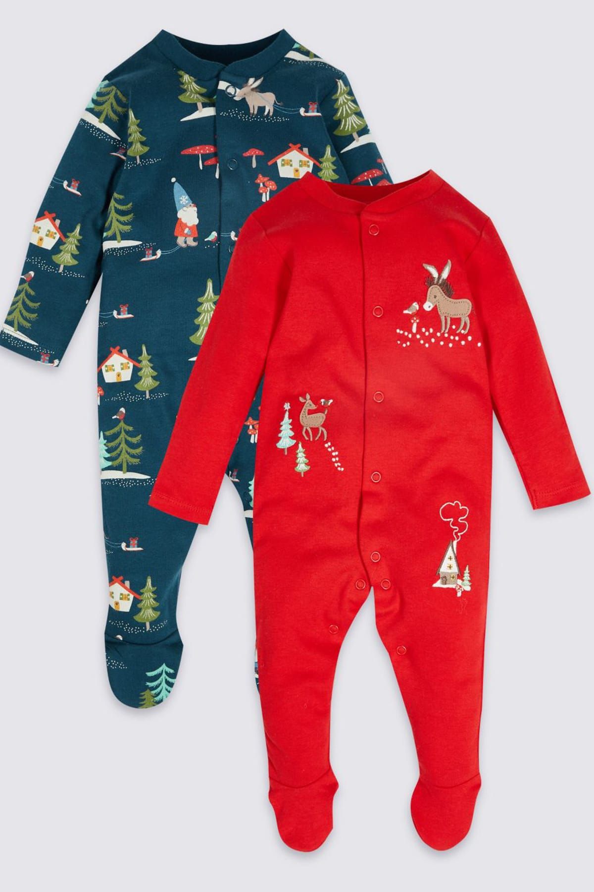 Marks & Spencer Kırmızı Erkek Bebek 2'li Saf Pamuklu Tulum Pijama