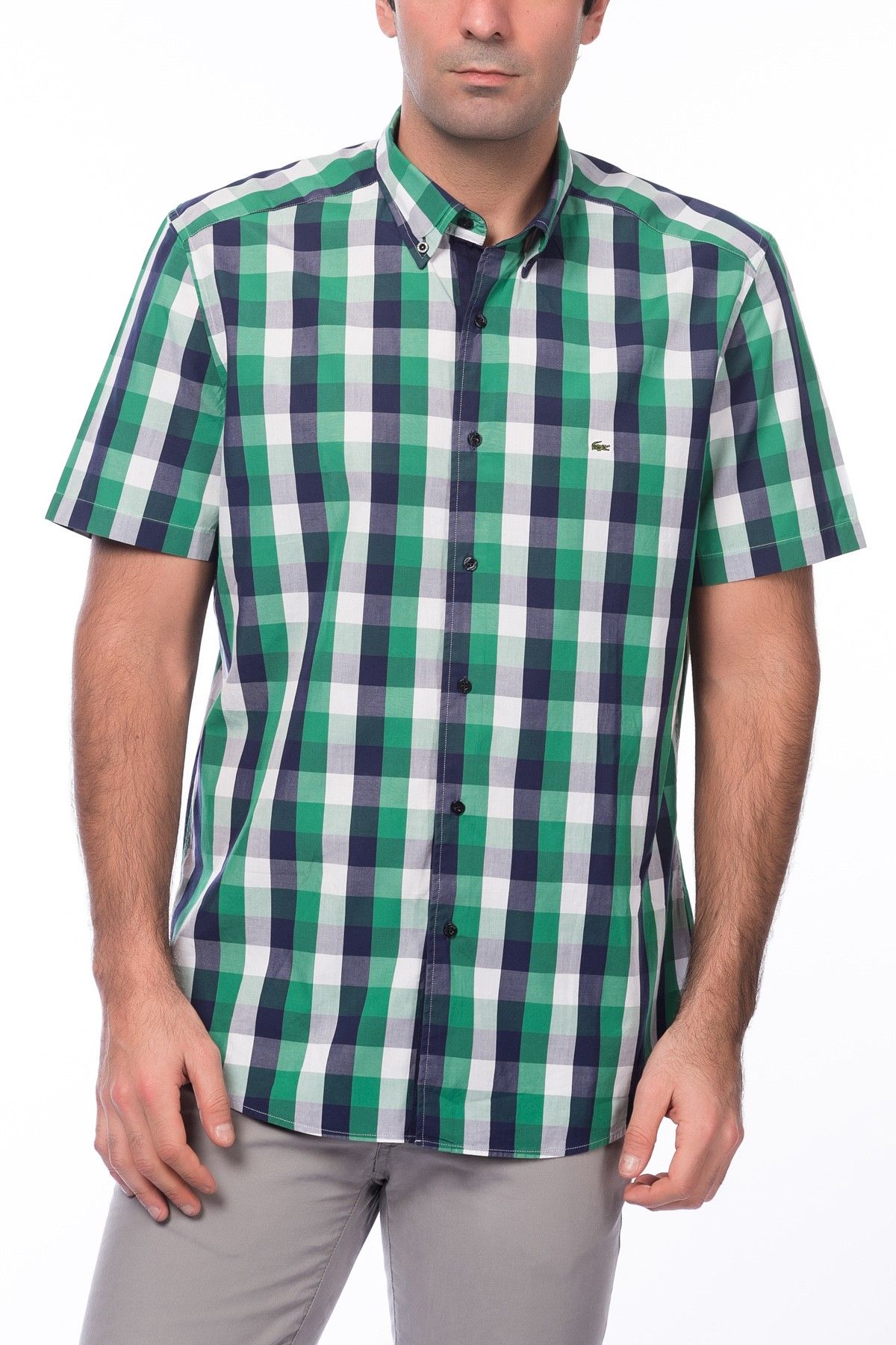 Lacoste Erkek Yeşil-Mavi Kısa Kollu Slim Fit Gömlek CH0414