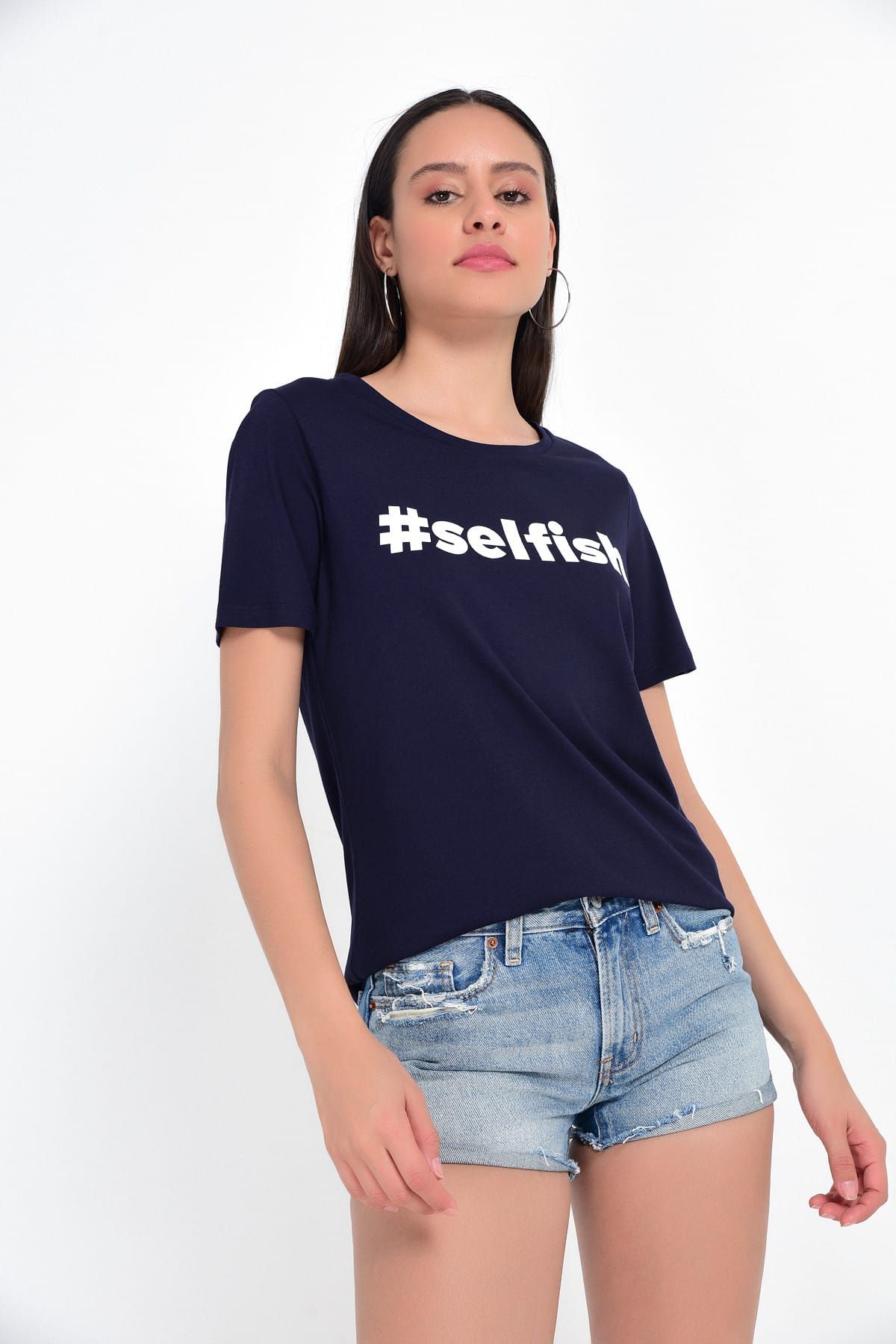 Hanna's Kadın Lacivert Selfish Baskılı Basic Tshirt Hn1777