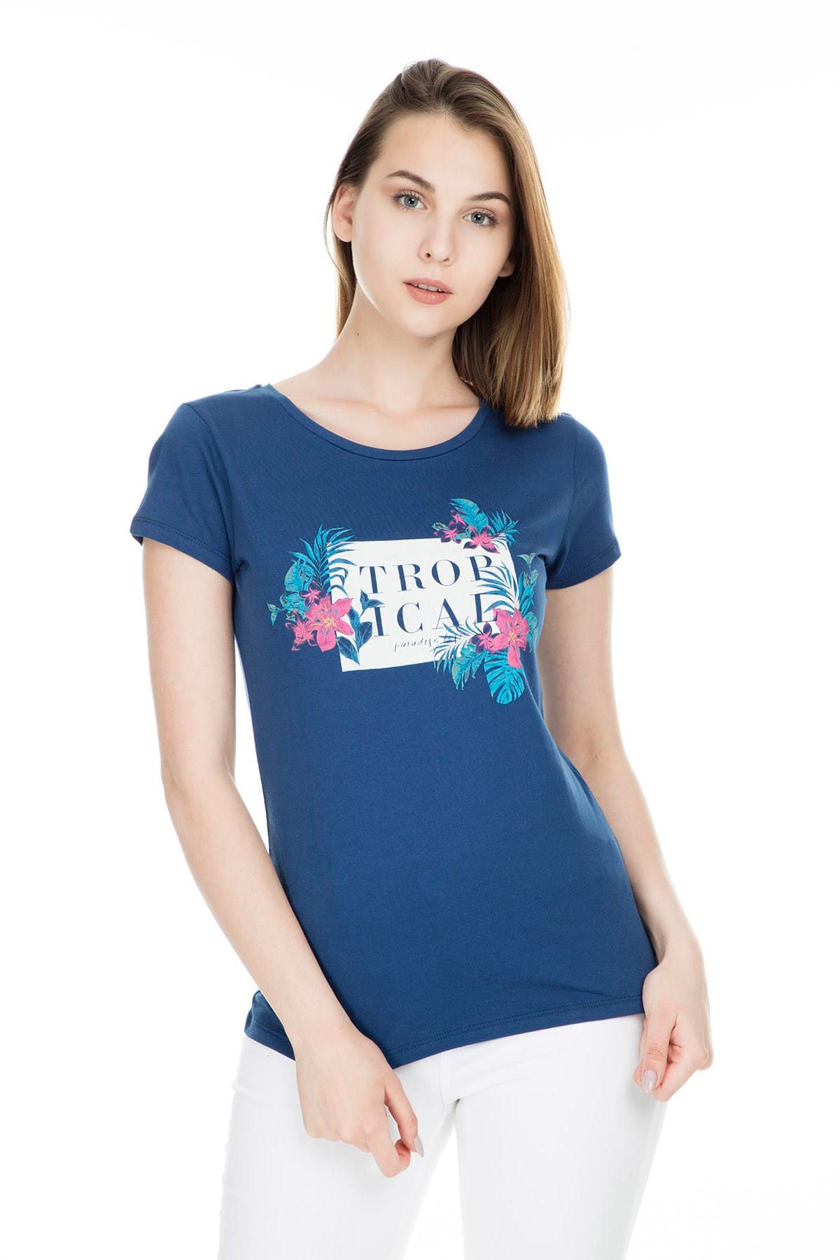 Arlin Kadın İndigo Mavi Yuvarlak Yaka Baskılı T-Shirt 9YBTST1546B1