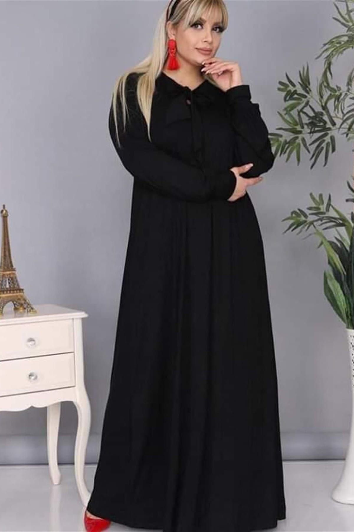 MJORA Kadın Siyah Yaka Detaylı Viskon Elbise TE0019