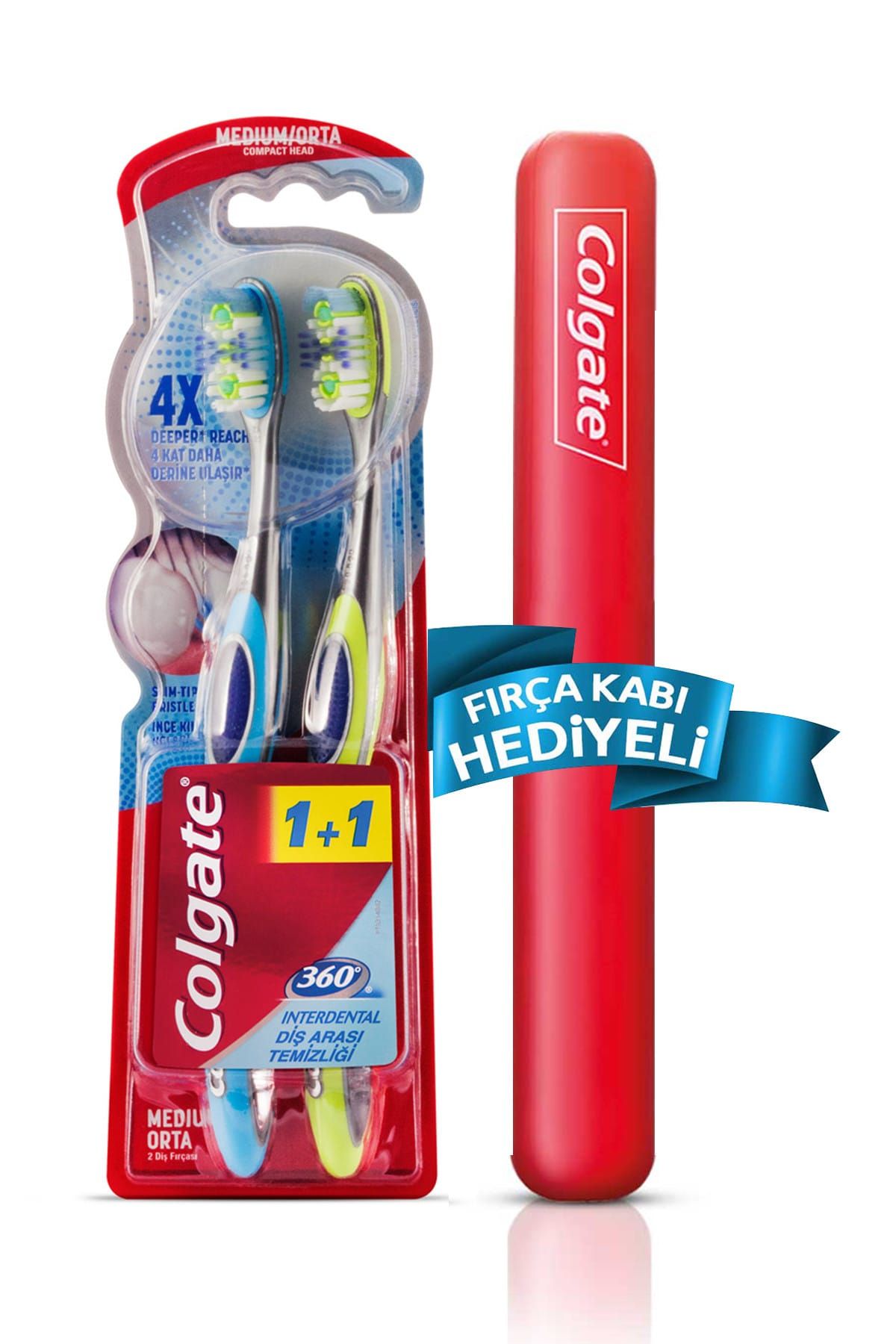 Colgate 360 Diş Arası Temizliği Dil ve Yanak Temizleyicili Orta Diş Fırçası 1+1 Fırça Kabı Hediye