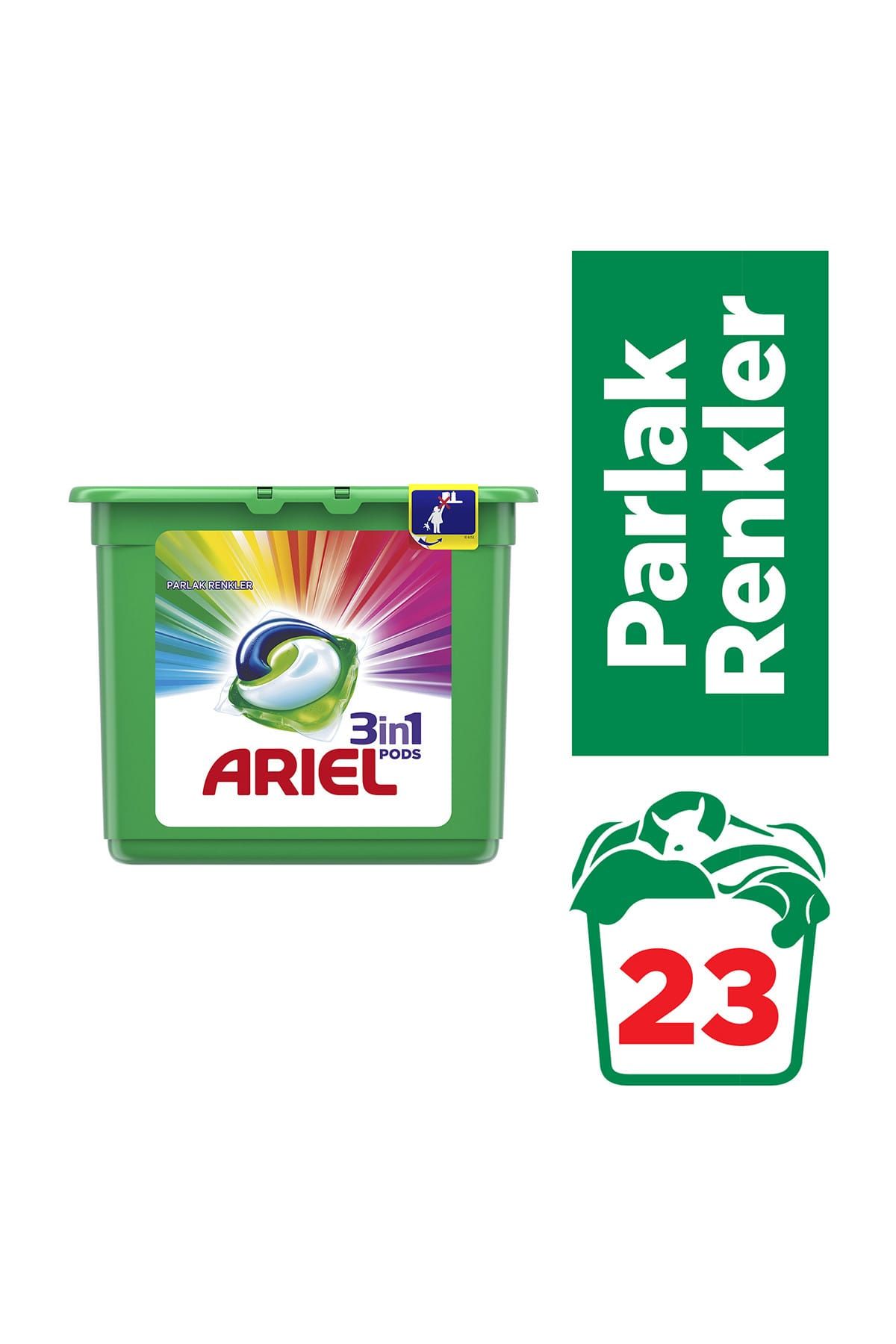 Ariel 3'ü 1 Arada Pods  23 Yıkama Sıvı Çamaşır Deterjanı Kapsülü Parlak Renkler