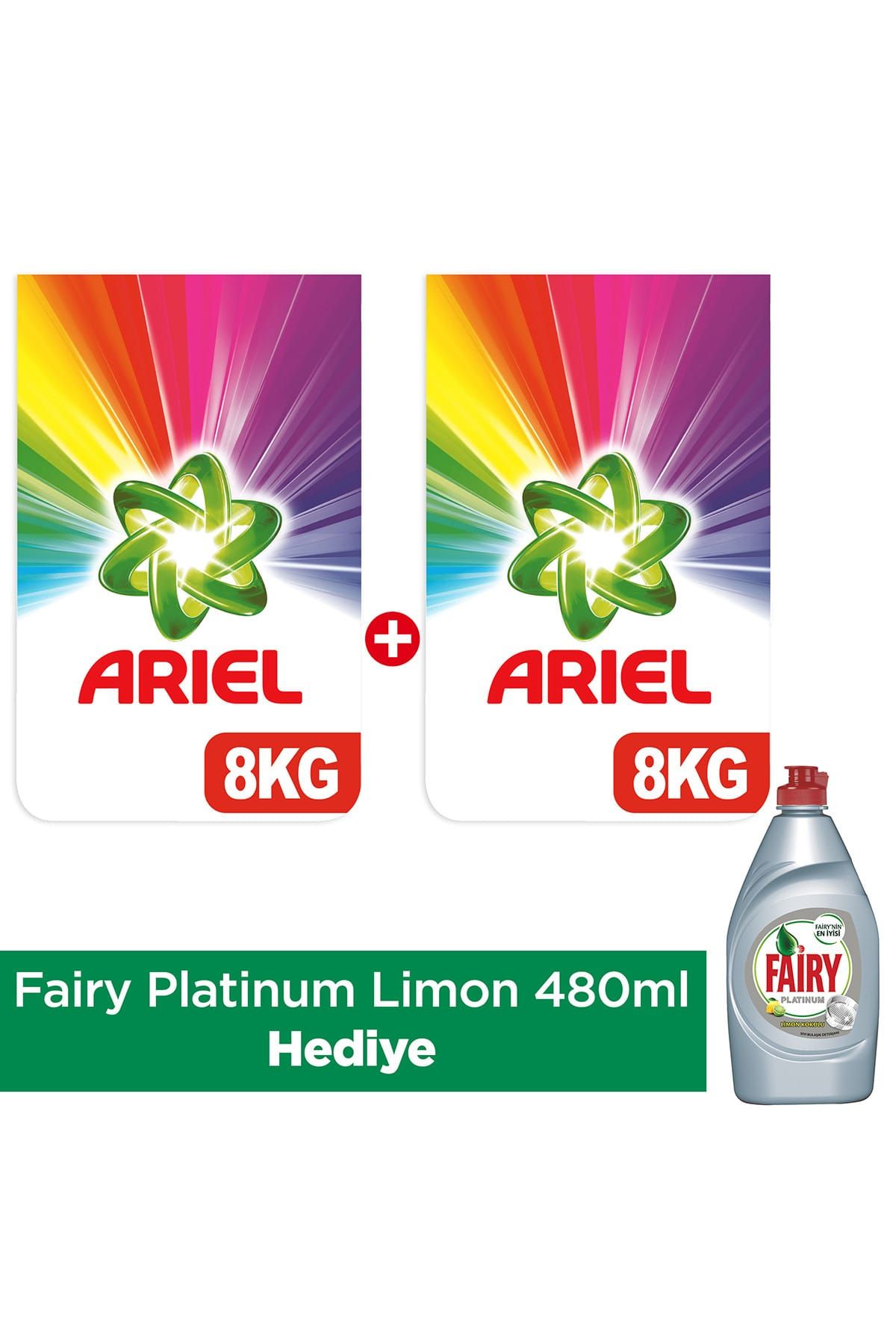 Ariel Toz Çamaşır Deterjanı Parlak Renkler 8 kg x 2 + Platinum Limon 480 ml Hediye