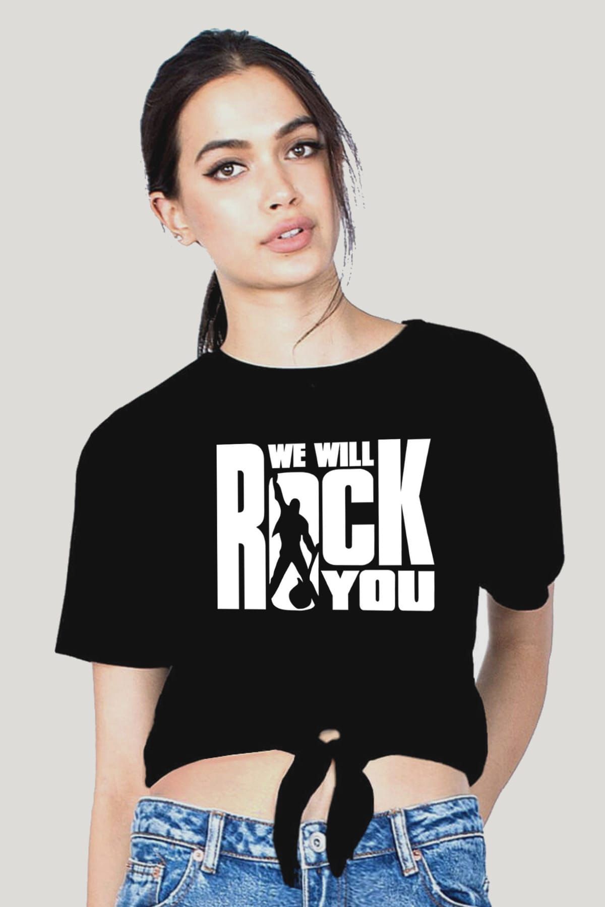 ROCKANDROLL Just Rock You Siyah Kesik Crop Top Bağlı Kadın T-shirt 1M1TW167KS