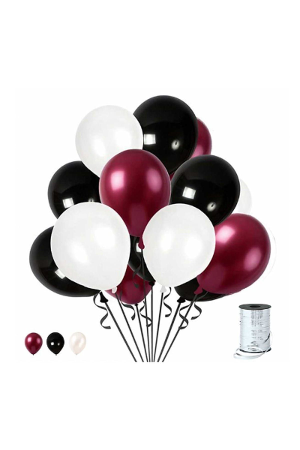 Magic Hobby 75 Adet Bordo - Beyaz- Siyah Metalik Balon 3'Lü Renk  - 12 İnç