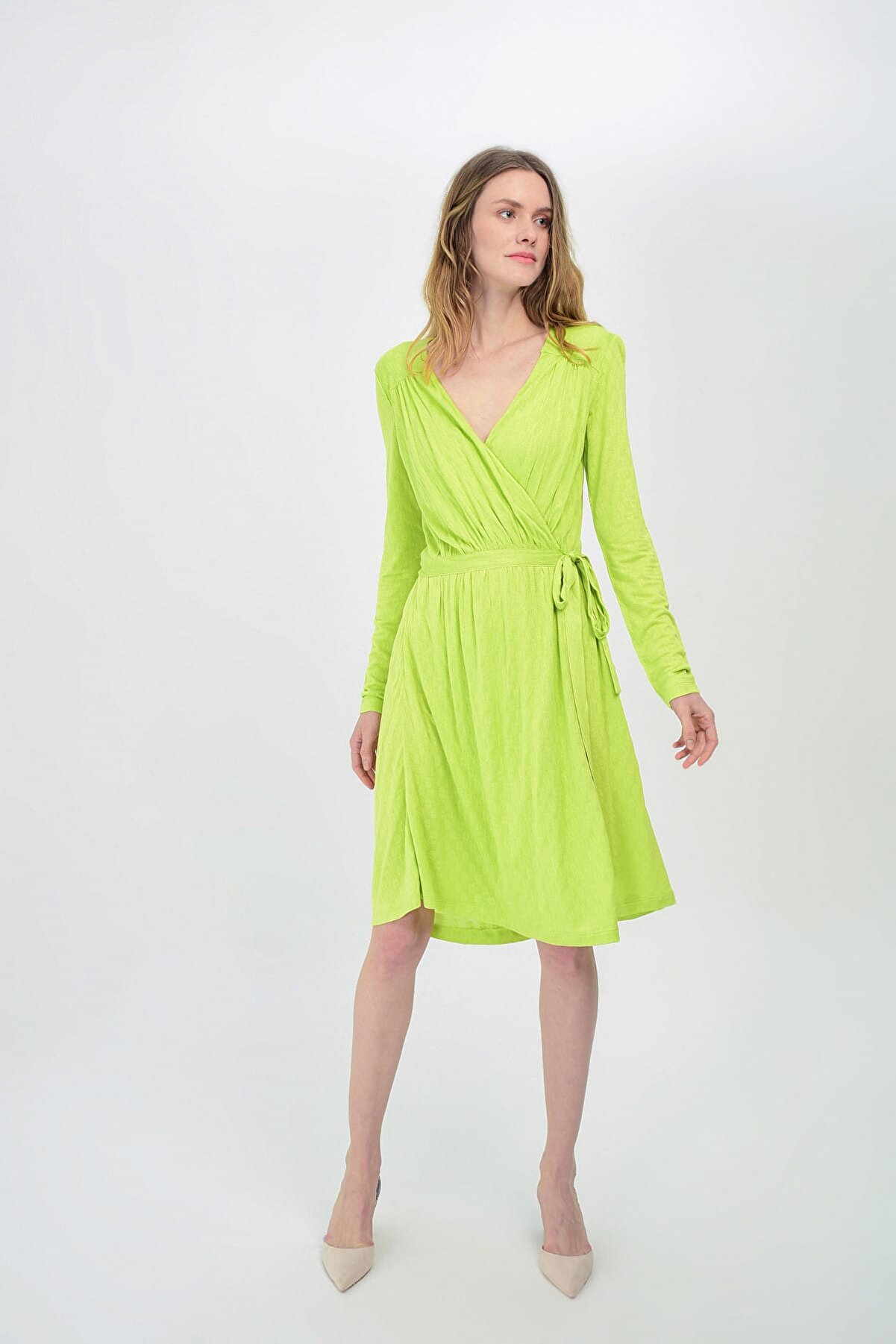 Hanna's Kadın Yeşil Uzun Kollu Kruvaze Önden Bağlamalı Örme Elbise Hn1532
