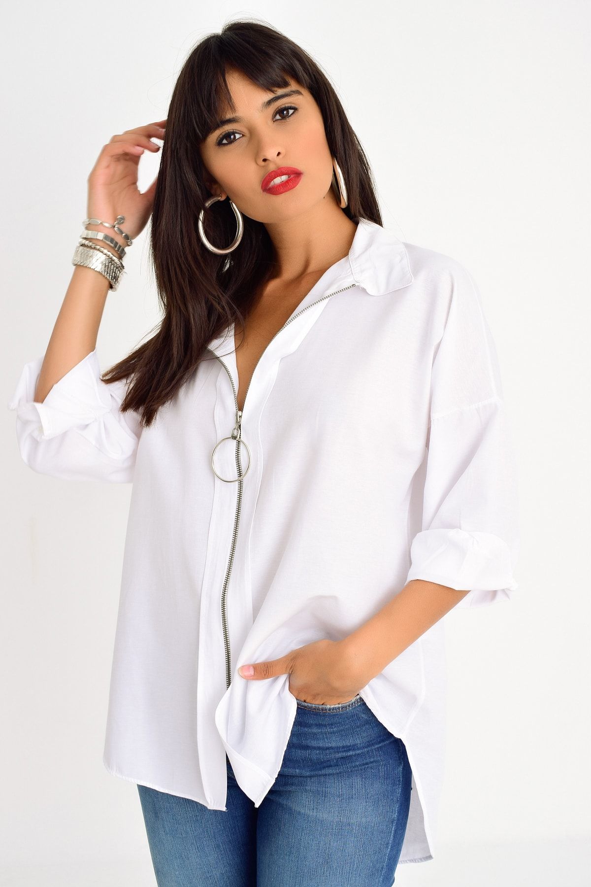 Cool & Sexy Kadın Beyaz Fermuarlı Gömlek DY25580
