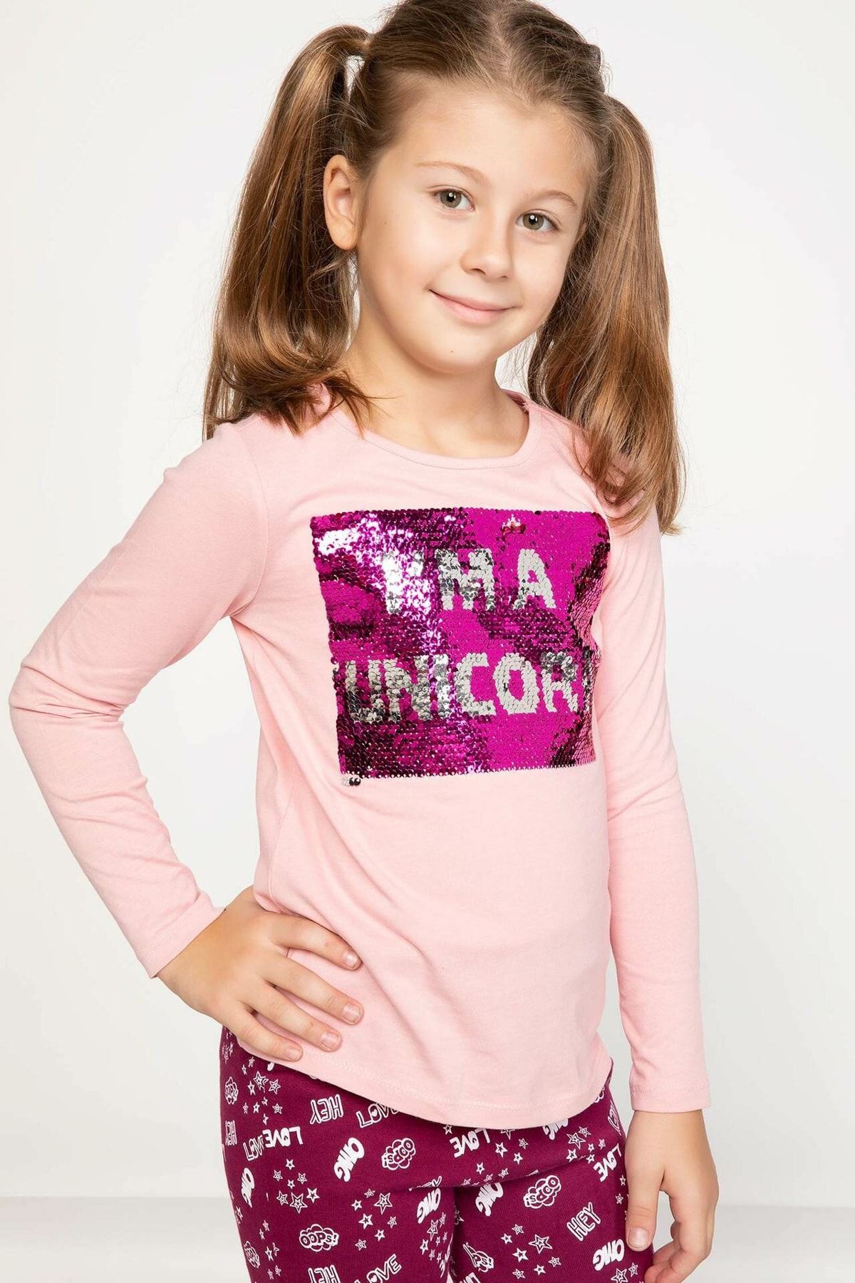 Defacto Bordo Kız Çocuk Payet Unicorn Baskılı T-shirt K0435A6.18AU.BR80