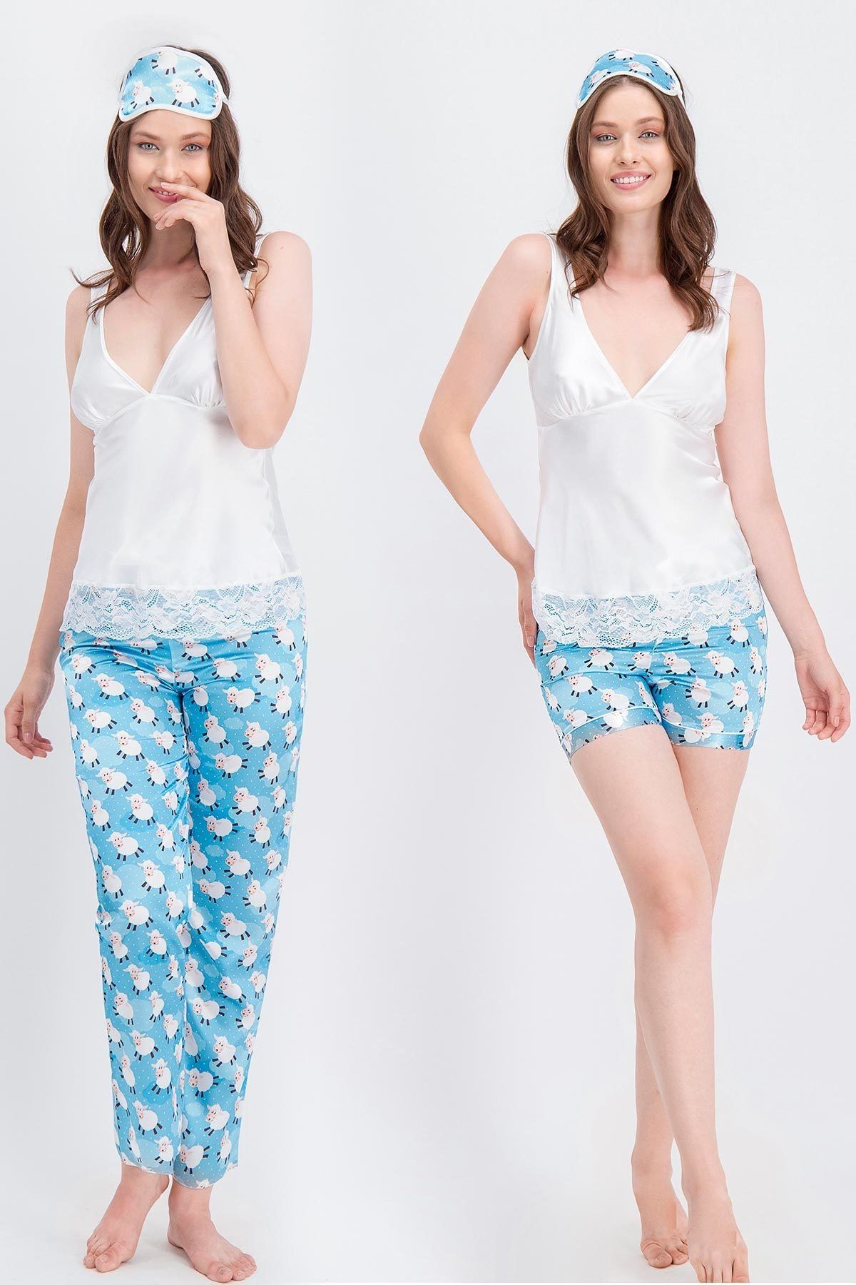 Arnetta Kadın Mavi Krem Lamb Askılı Saten Pijama Takımı, Şort, Uyku Bandı 4'Lü Takım