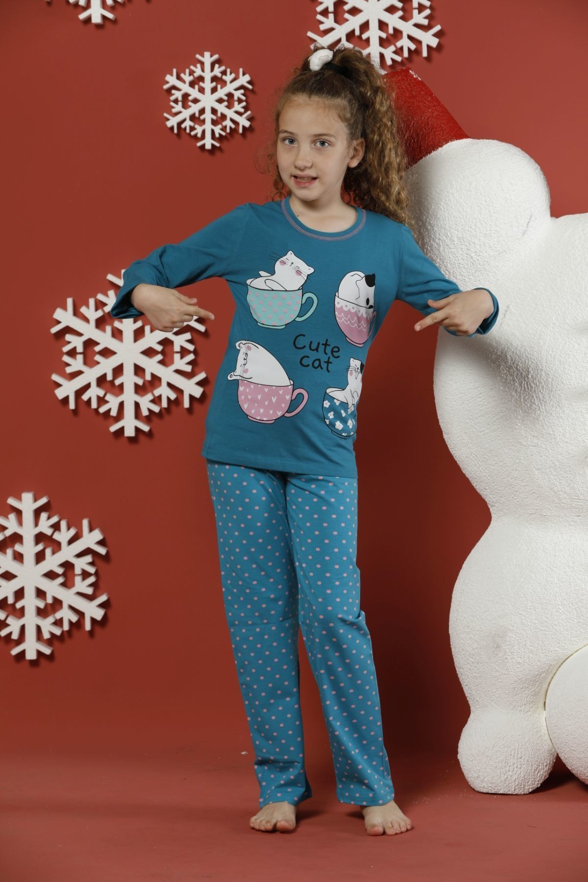 Siyah İnci Kız Çocuk Mavi Desenli Pamuklu Likralı Pijama Takım