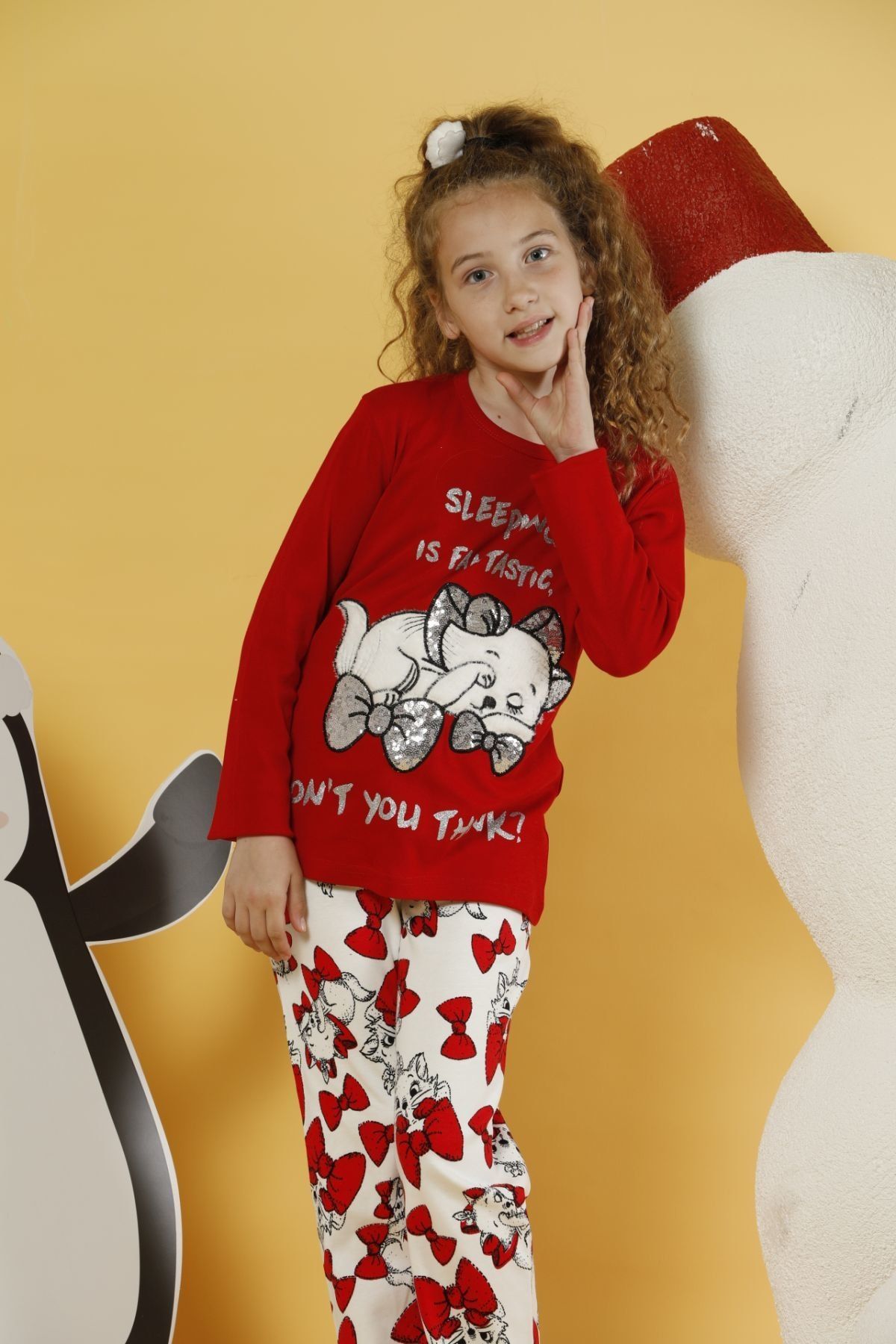 Siyah İnci Kız Çocuk Desenli Nakışlı Interlok Pijama Takımı
