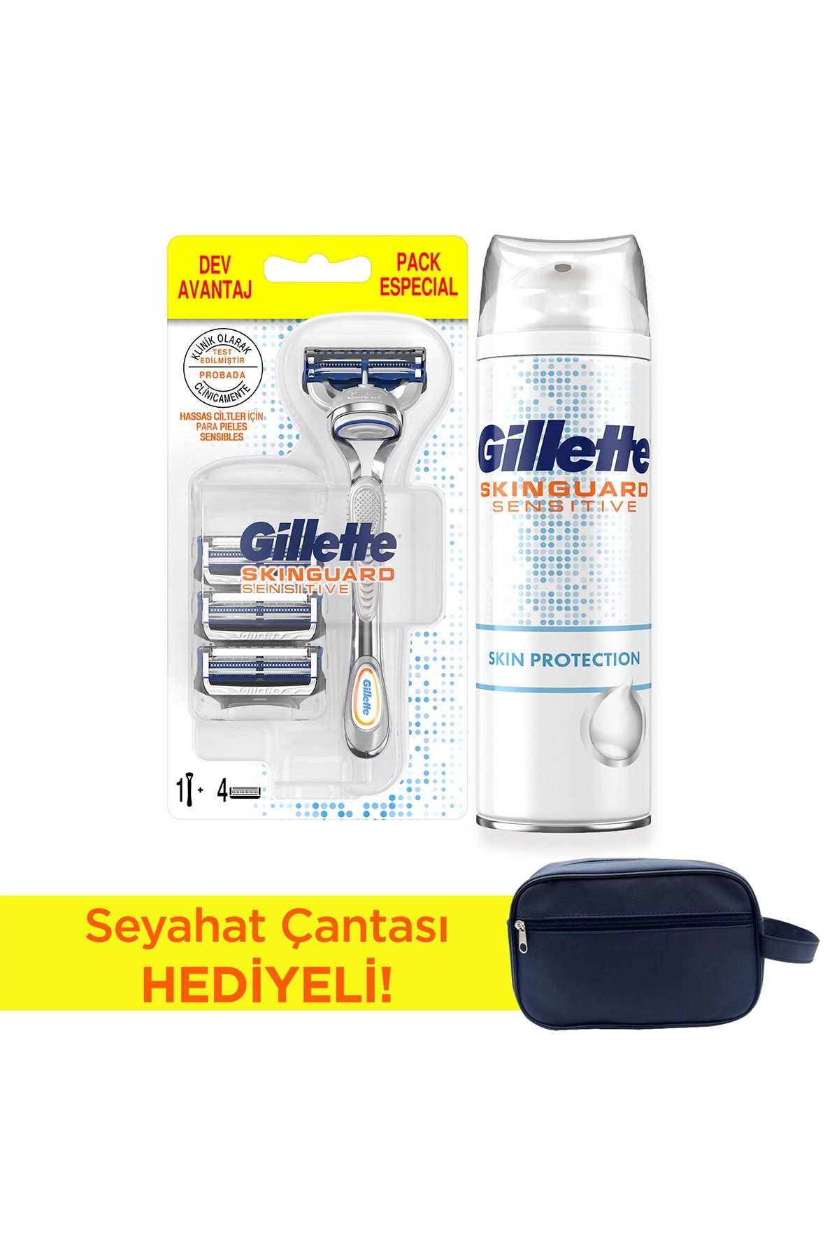 Gillette Skinguard Tıraş Makinesi + Yedek 4'lü + Skinguard Tıraş Köpüğü 250 ml (Çanta Hediyeli)