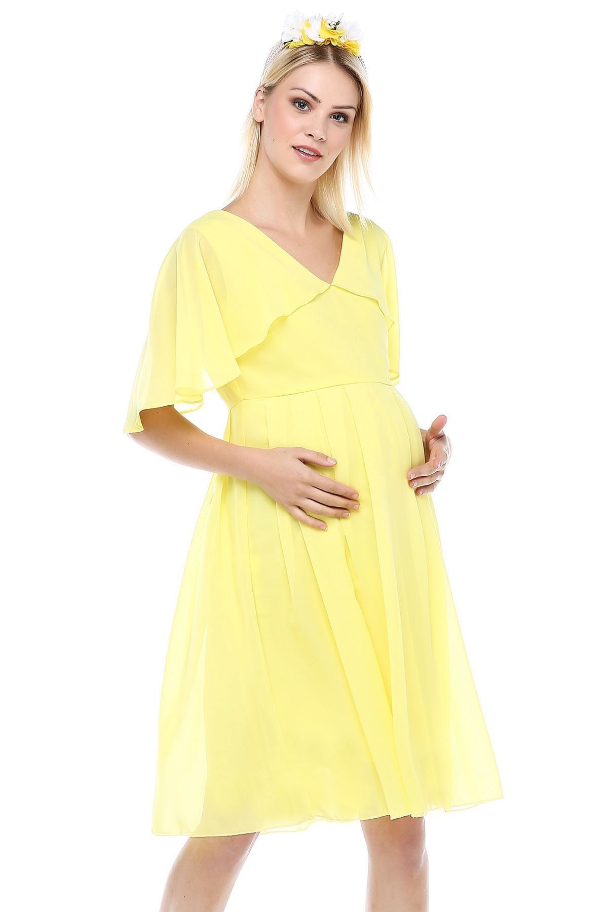MODA LABİO Melek Kol Kısa Hamile Elbisesi Sarı