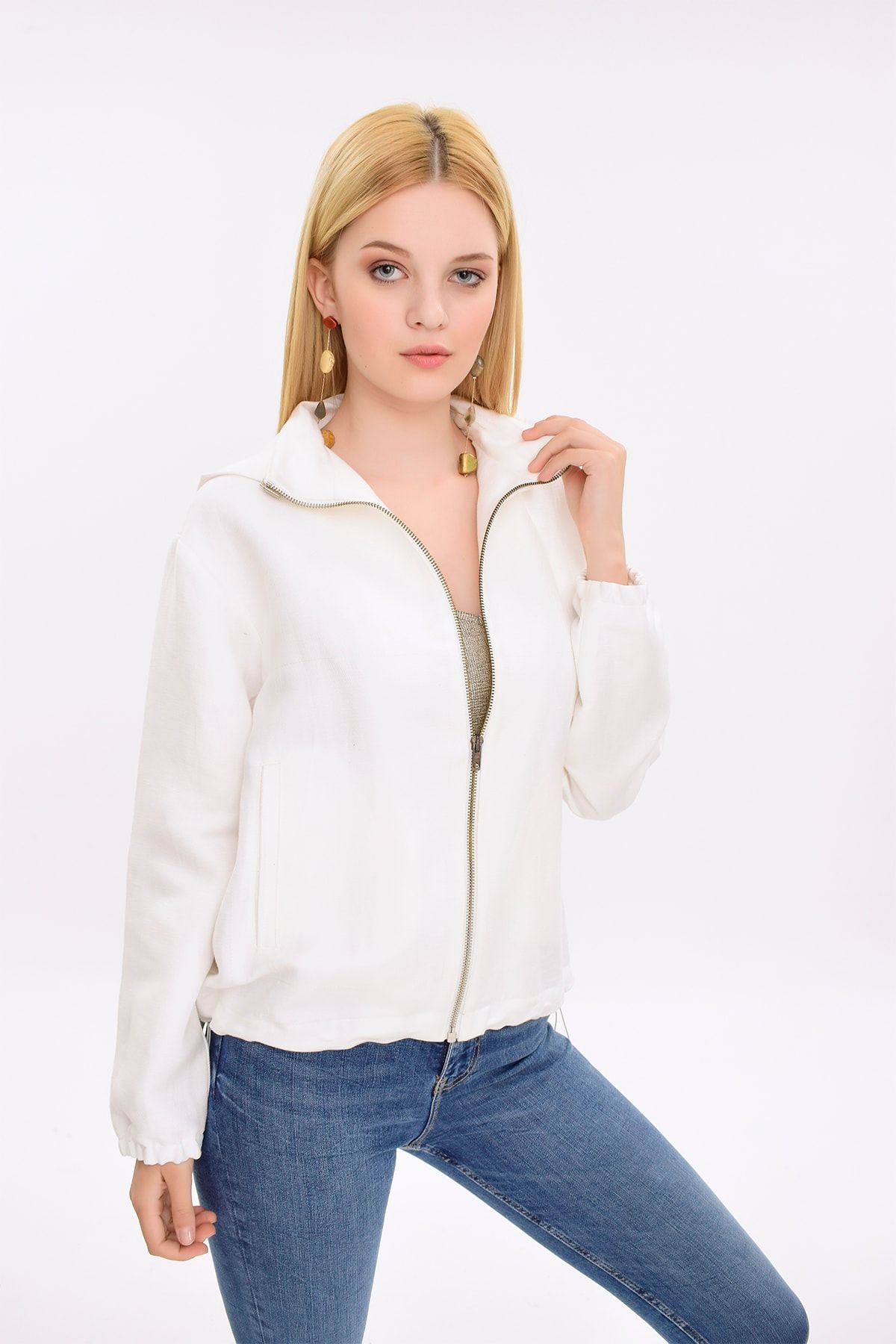 Hanna's Kadın Beyaz Desenli Beyaz Kapüşonlu Ceket