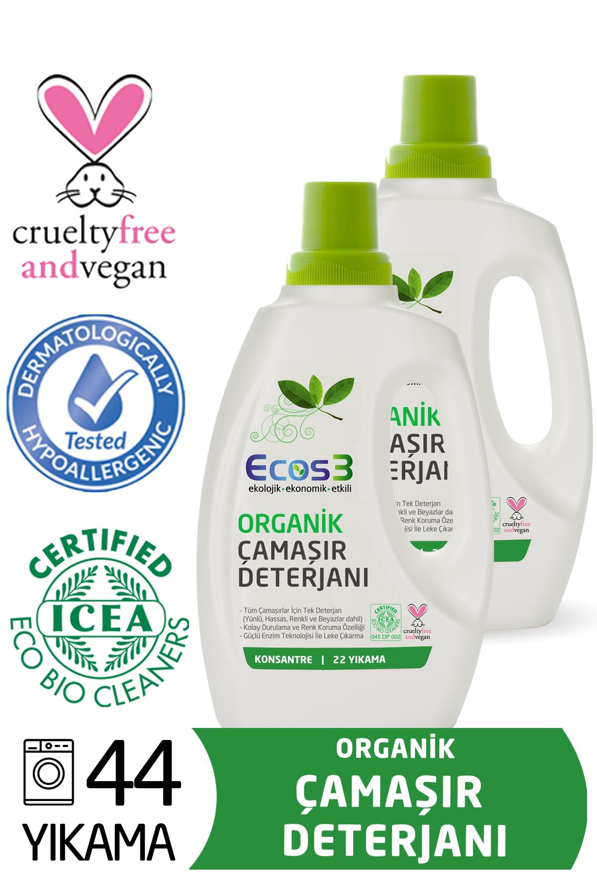 Ecos3 Organik Sıvı Çamaşır Deterjanı 2’li SET (44 Yıkama)