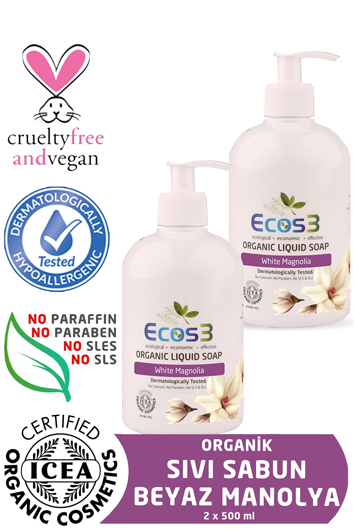 Ecos3 Organik Sıvı Sabun Beyaz Manolya 2’li SET (2 x 500 ML)