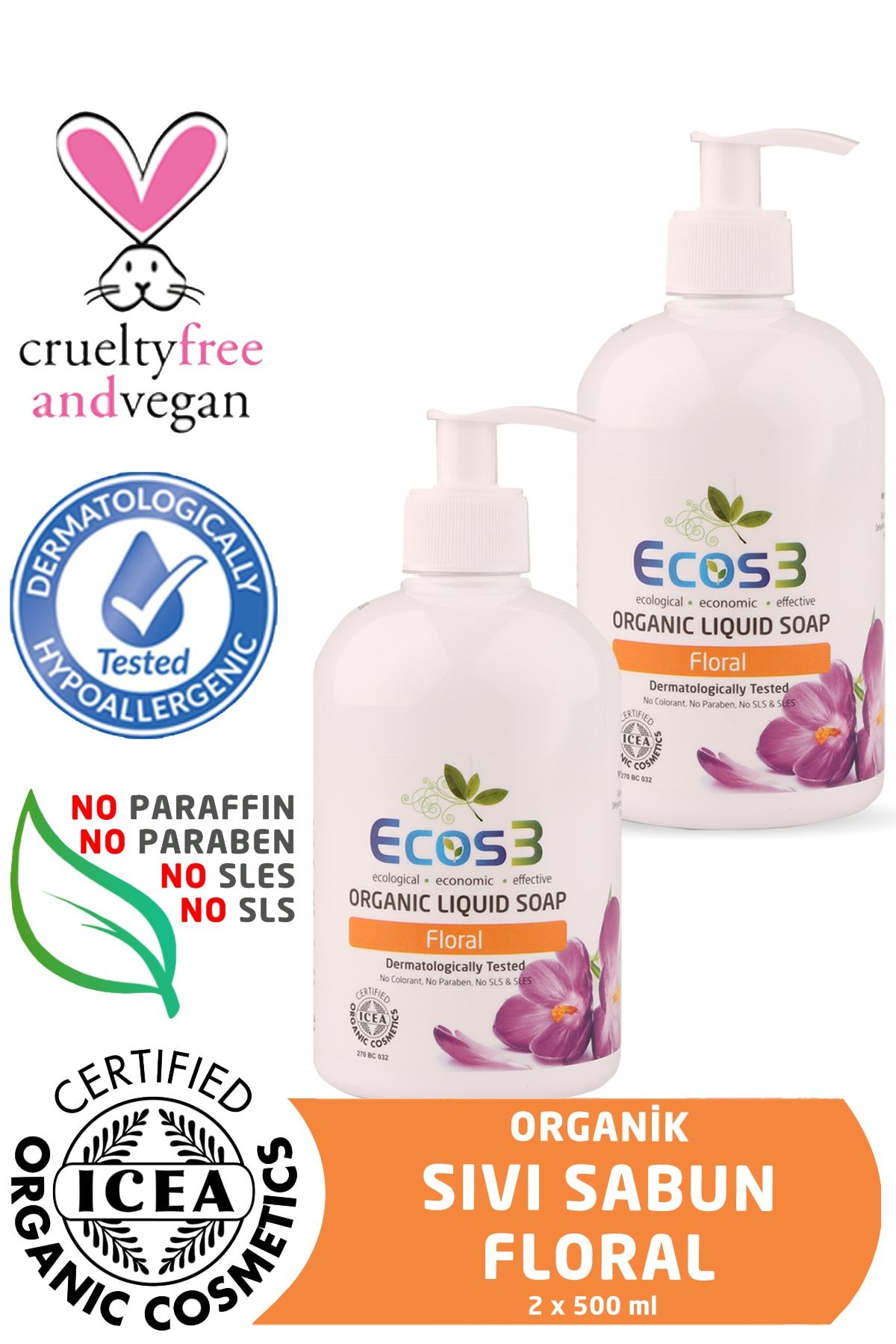 Ecos3 Organik Sıvı Sabun Floral 2’li SET (2 x 500 ML)