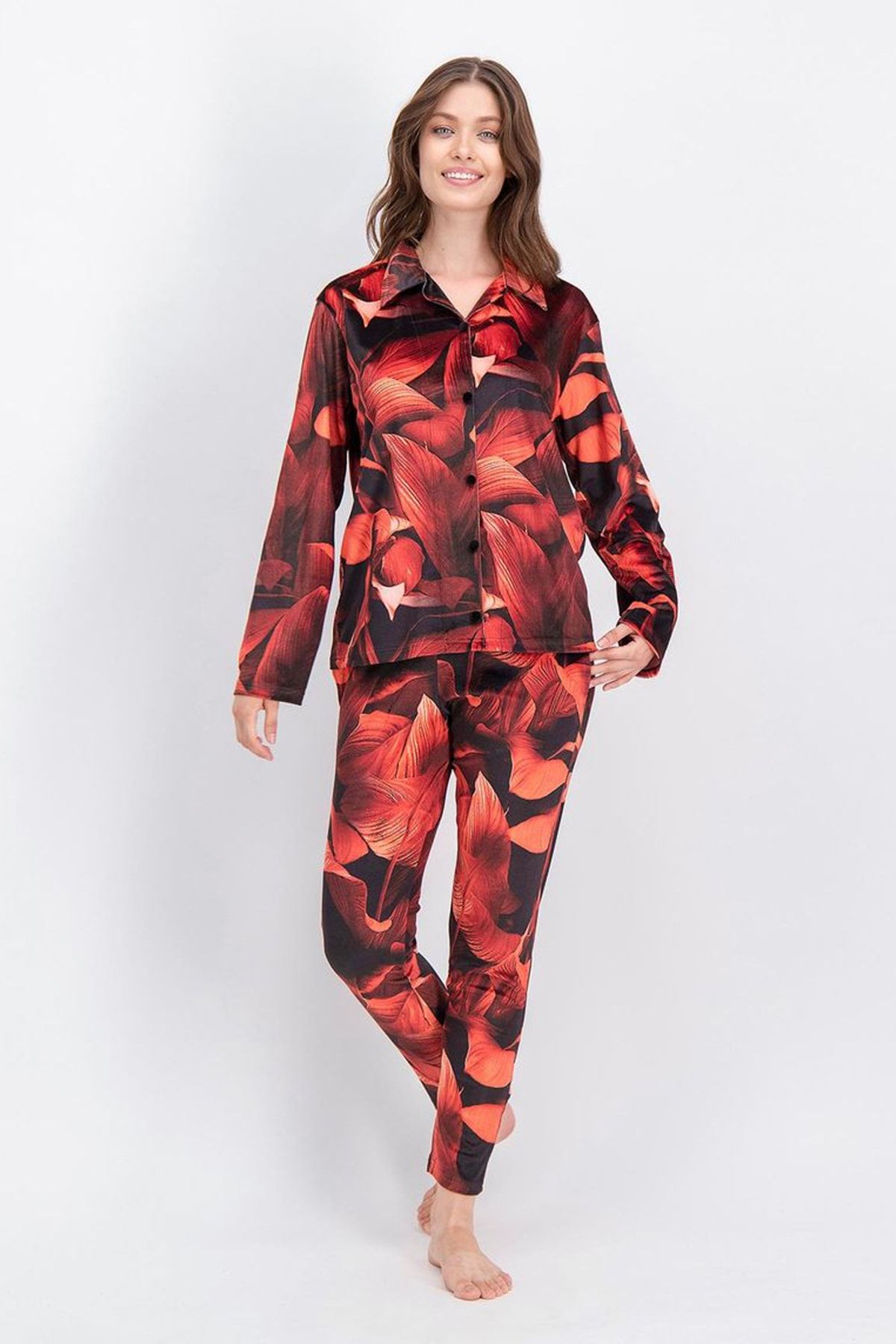 Arnetta Kadın Fire Flower Kırmızı Kadın Kadife Gömlek Pijama