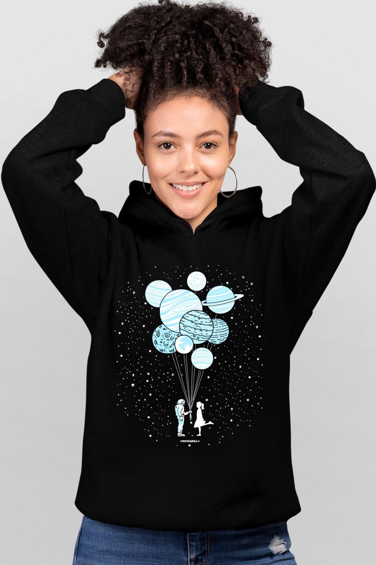 ROCKANDROLL Balon Gezegenler Siyah Kapşonlu Kadın Sweatshirt