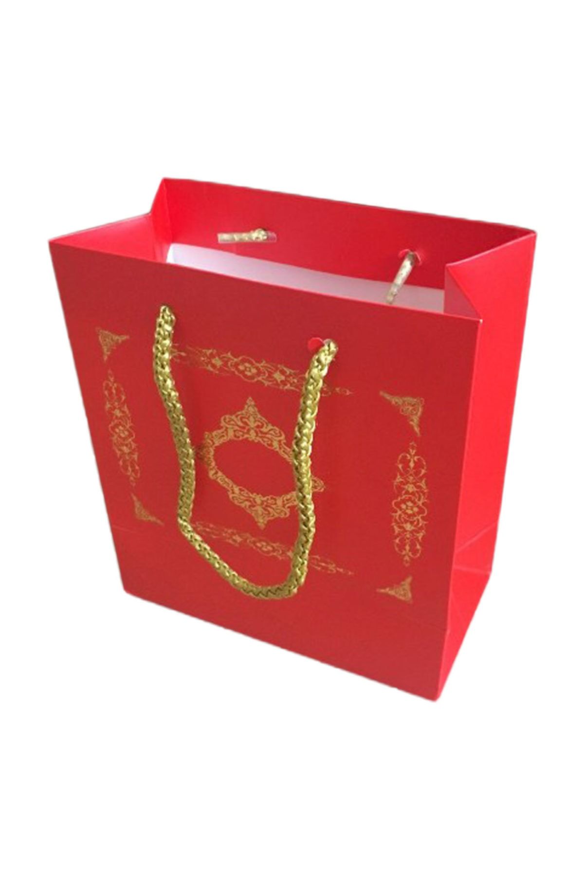 TT Tahtakale Toptancıları Karton Ipsaplı Hediye Çantası Saray Desenli Gold 15x17x8 10 Adet  Kırmızı