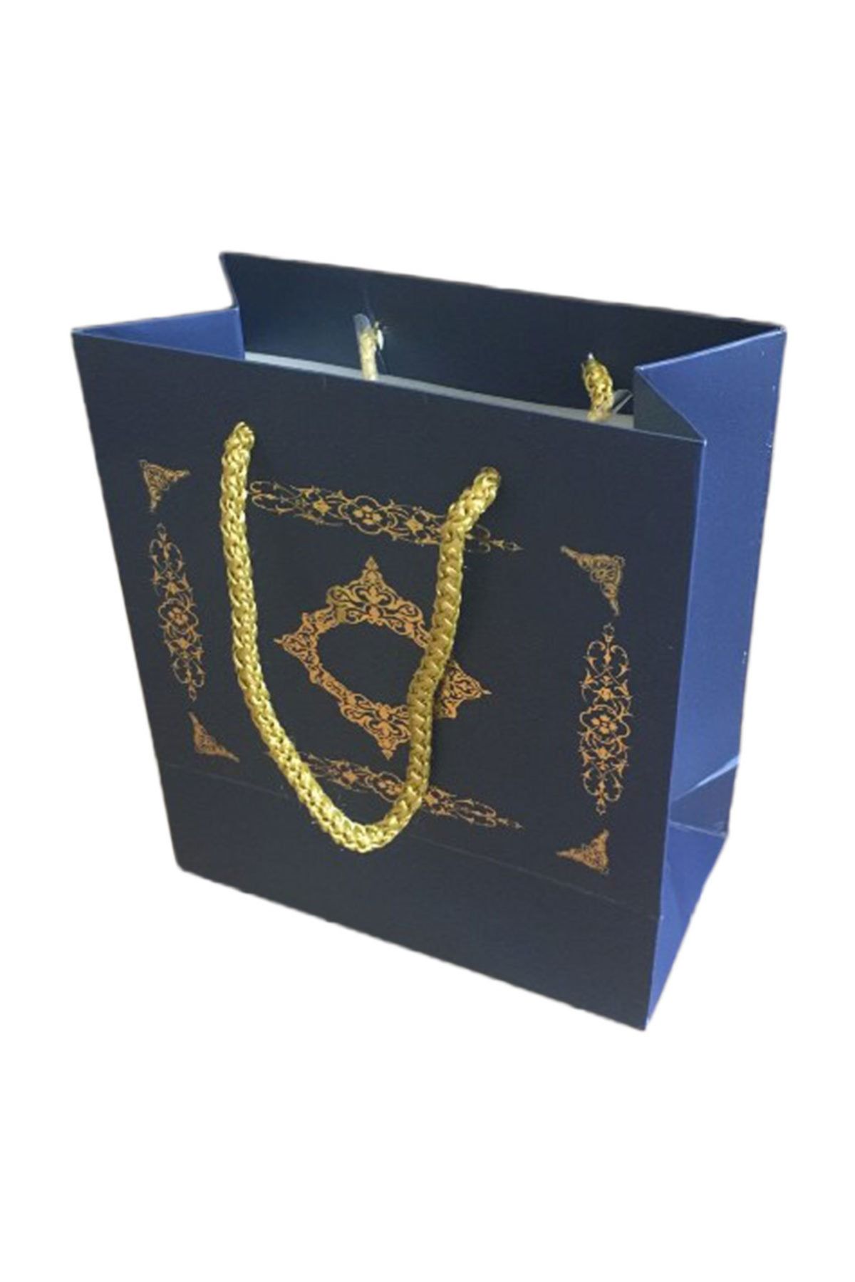 TT Tahtakale Toptancıları Karton Ipsaplı Hediye Çantası Saray Desenli Gold 15x17x8 10 Adet  Lacivert