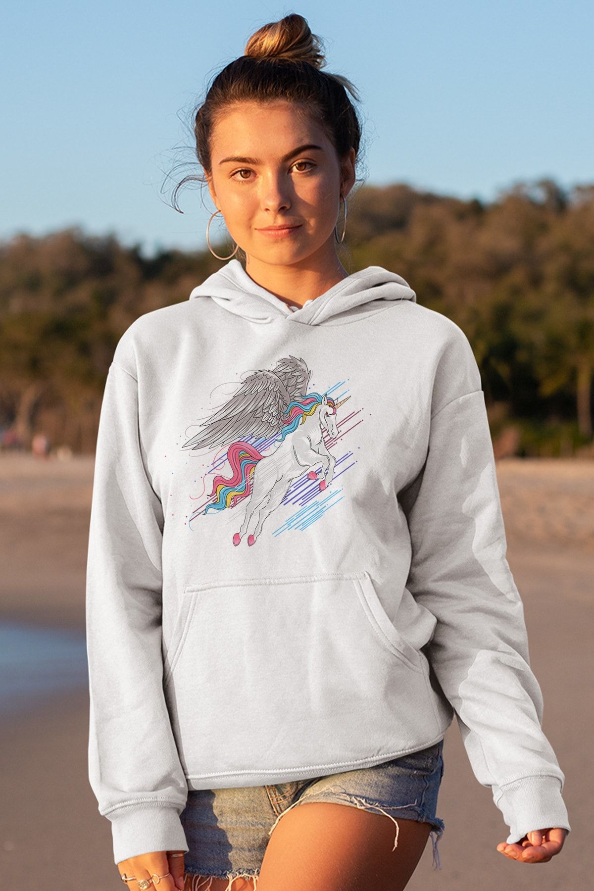 Angemiel Wear Uçan Tatlı Unicorn Beyaz Kadın Kapüşonlu Sweatshirt Çanta Kombin