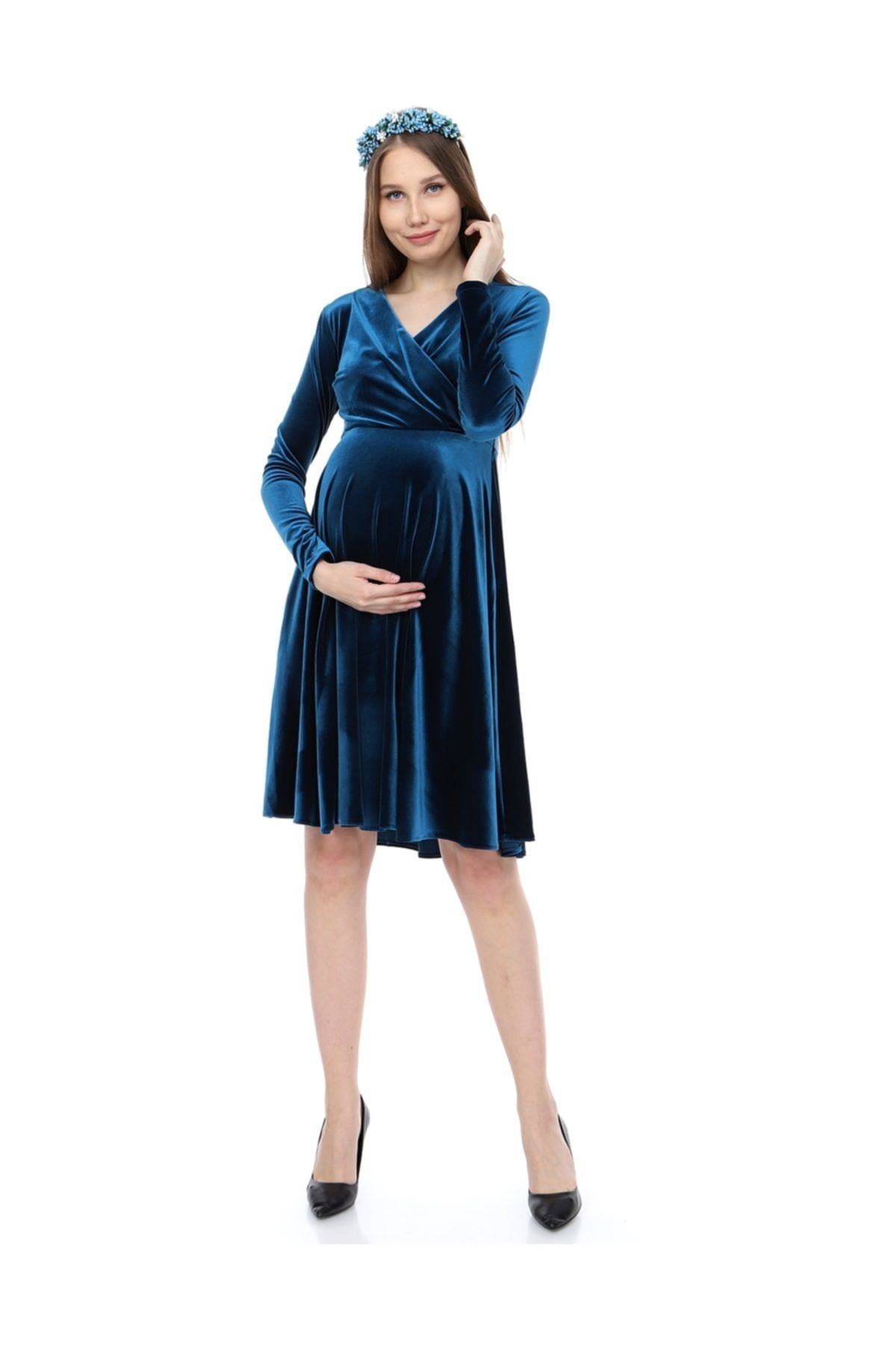 MODA LABİO Kadife Kısa Hamile Elbisesi Petrol Mavi