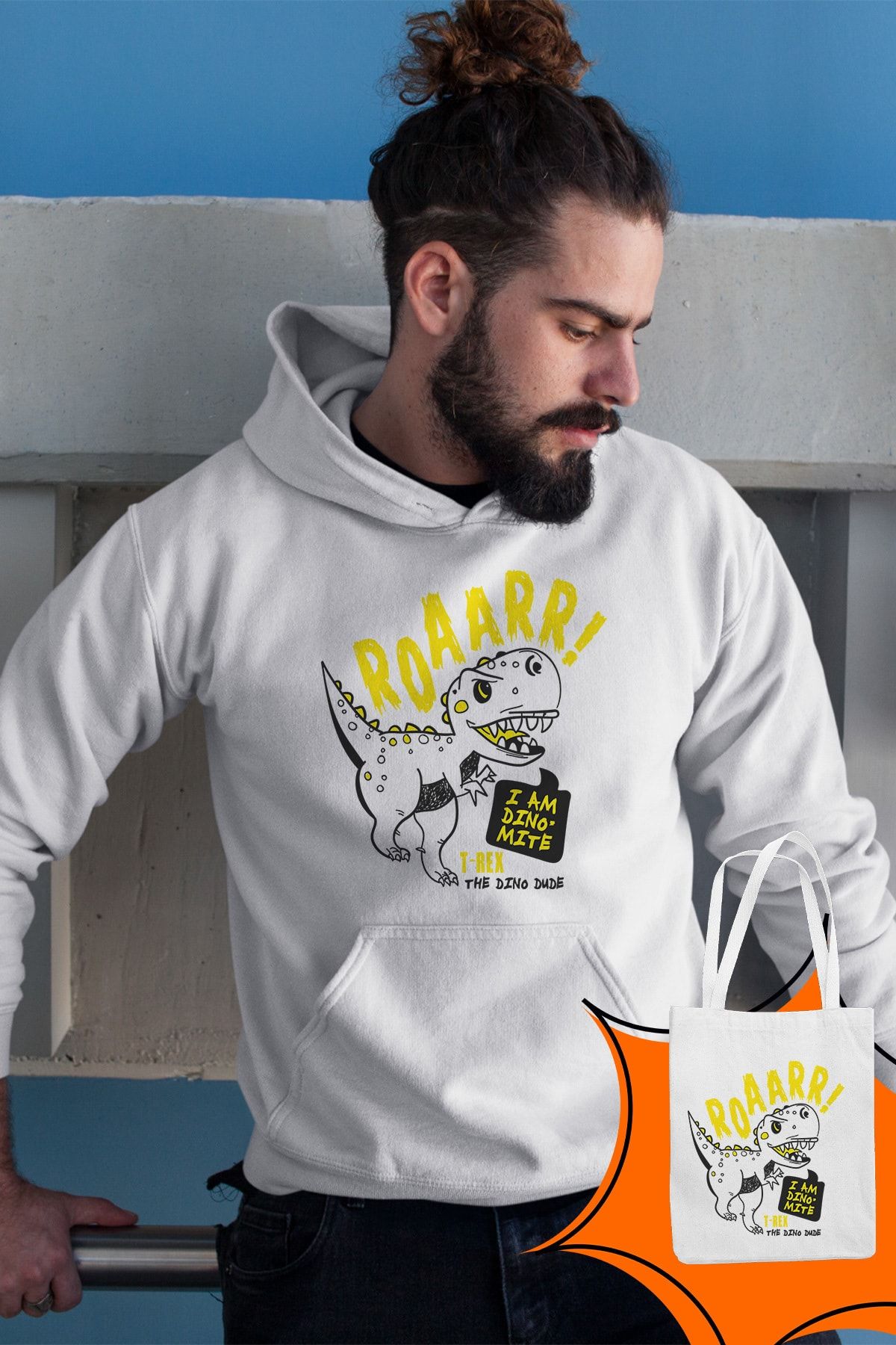 Angemiel Wear Trex Dinozor Beyaz Erkek Kapüşonlu Sweatshirt Çanta Kombin