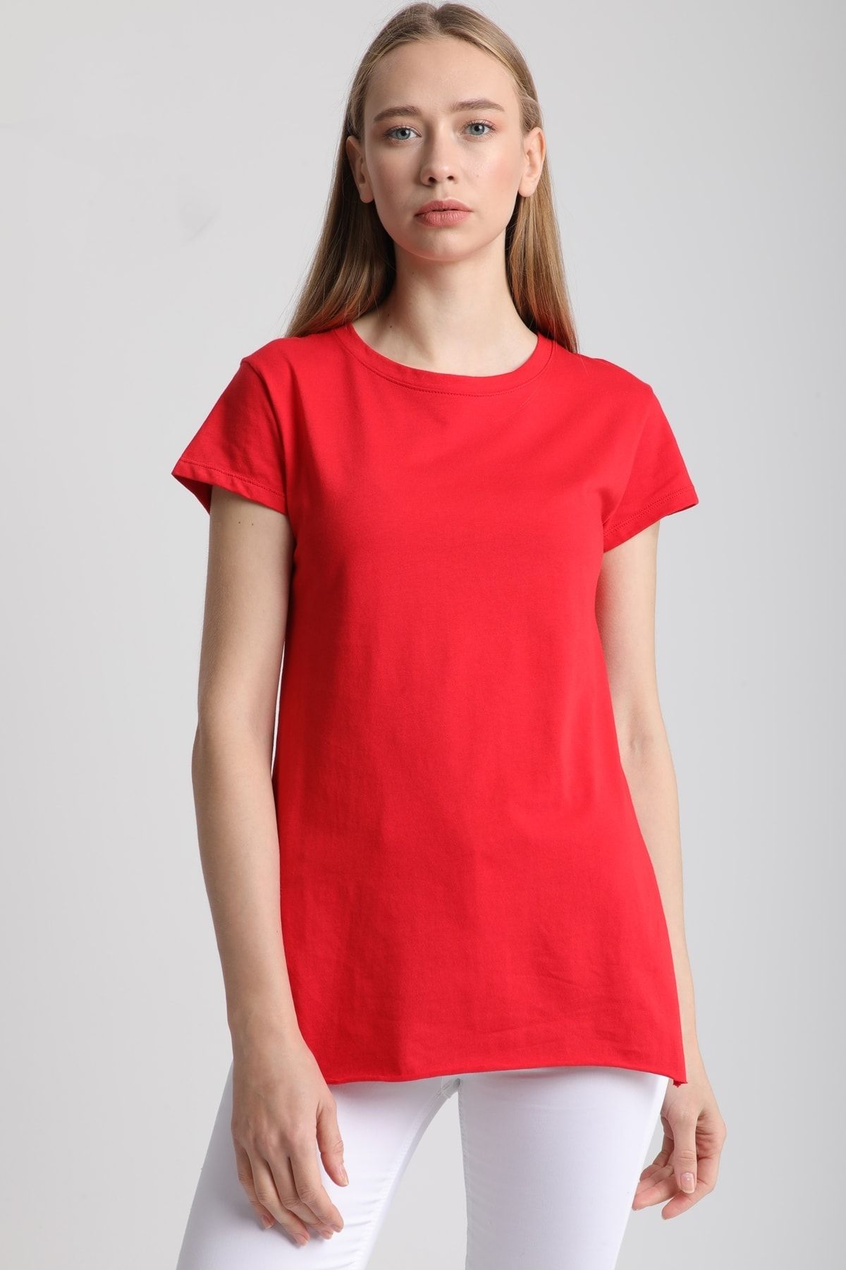 MD trend Kadın Kırmızı Bisiklet Yaka Yırtmaçlı Pamuklu T-Shirt Mdt3104