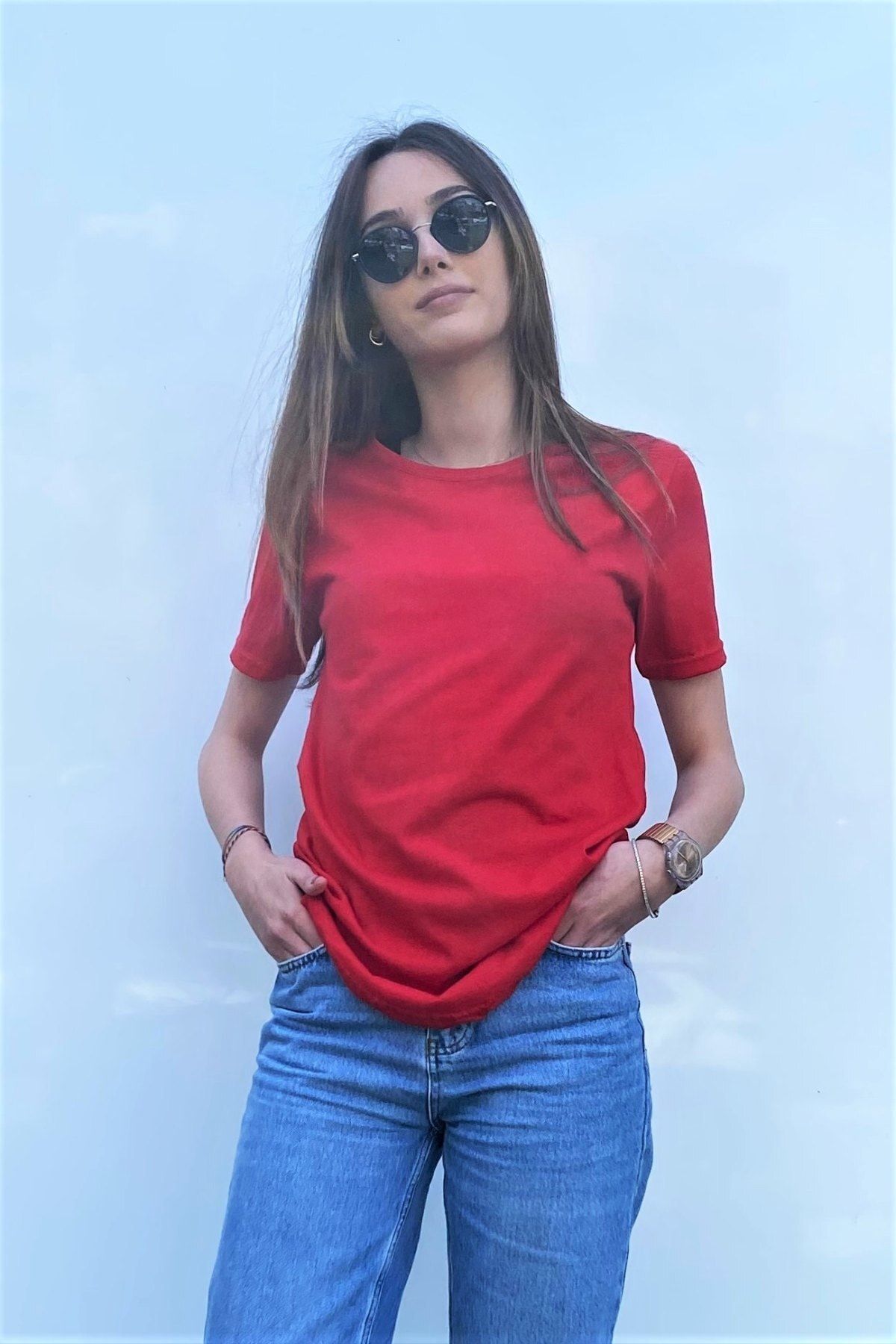 VİP LOKAL Kadın Kırmızı Uzun Oval Kesim Basic Tshirt