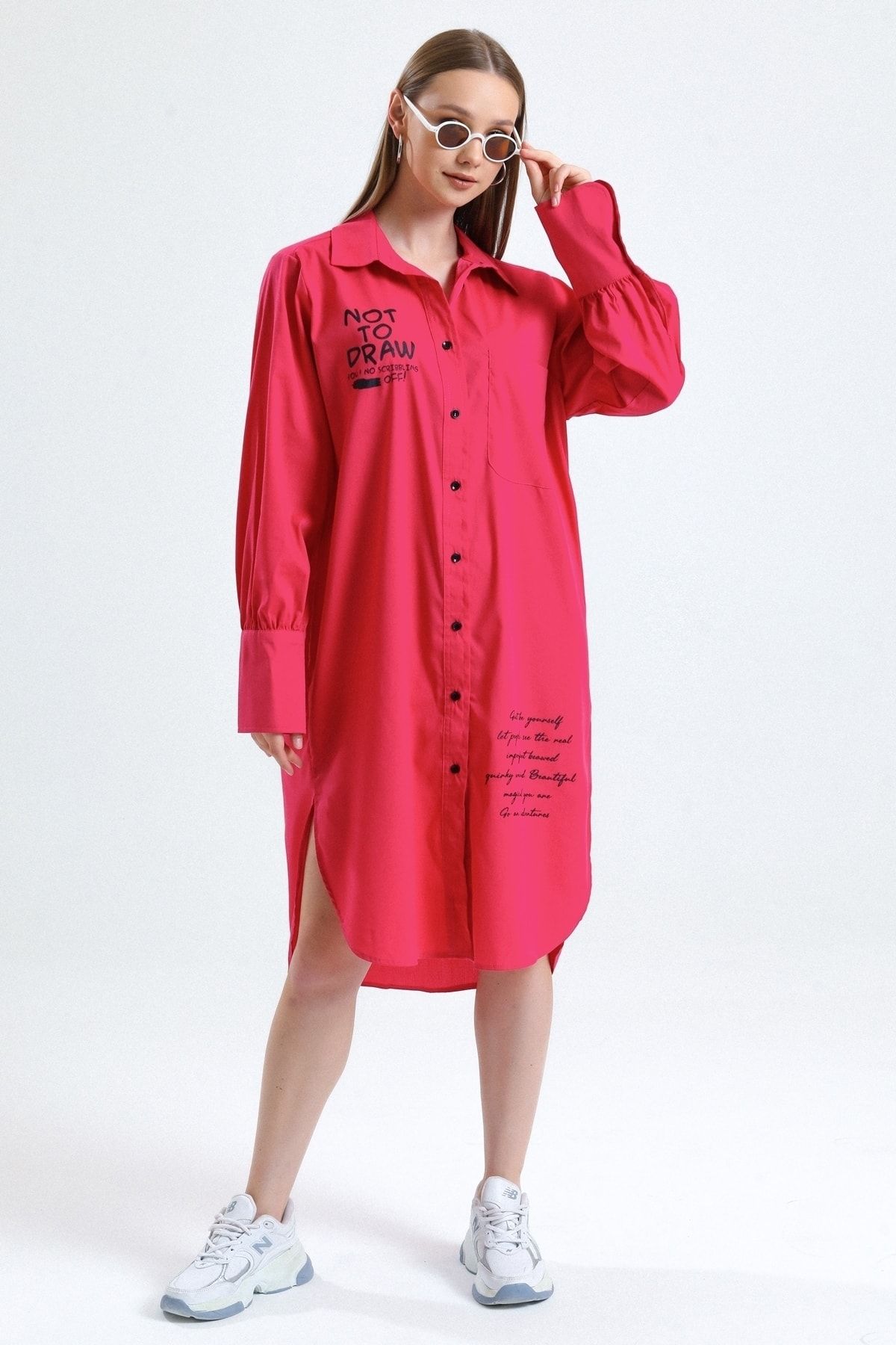 MD trend Kadın Fuşya Baskılı Balon Kollu Oversize Gömlek Tunik