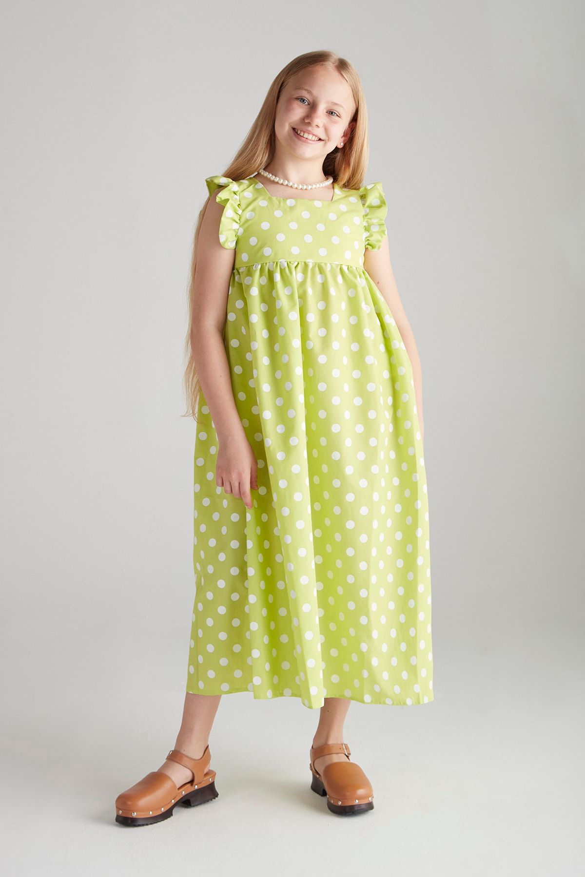 hoQuspoQus Kız Çocuk Puantiyeli Maxi Elbise - Yeşil
